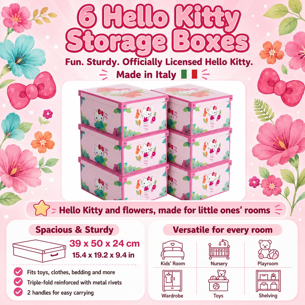 Lavatelli Set 6 Scatole Armadio Portaoggetti con Coperchio – Organizer Cambio Stagione in Cartone 39x50x24 cm Hello Kitty – Made in Italy, Resistenti, Facili da Montare, con Maniglie