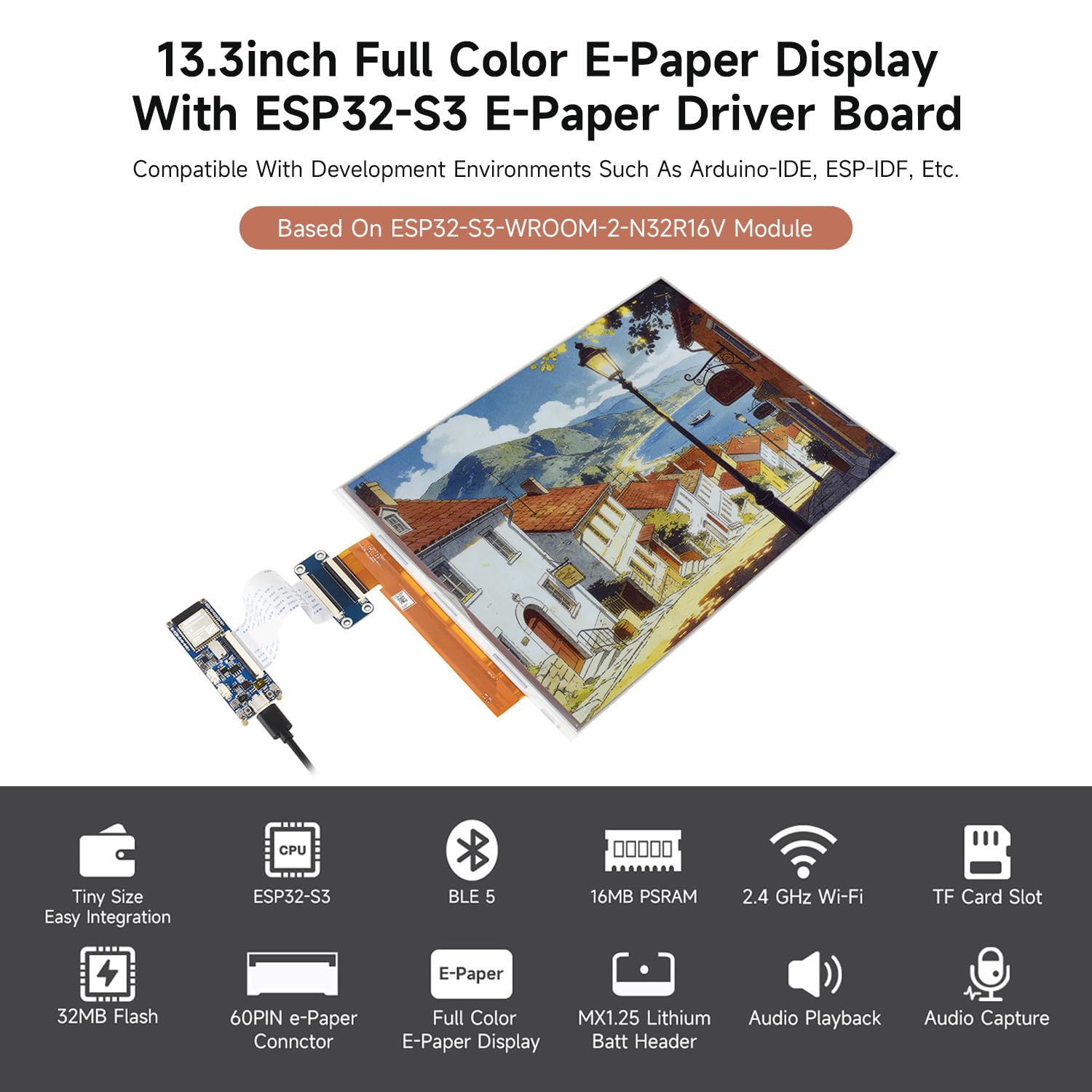 Waveshare 13.3inch Full Color E-Paper Display with ESP32-S3 E-Paper Driver Board, Adopts E Ink Spectra 6 (E6) Technology, Onboard Audio Codec Chip, WiFi & Bluetooth Support