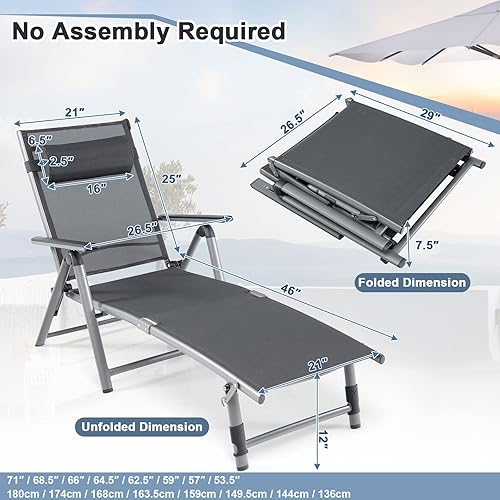 Miniatura 3 de HAPPYGRILL Silla de salón de aluminio para patio con respaldo ajustable de 8 posiciones, reposapiés de 2 posiciones, reposacabezas cómodo, silla