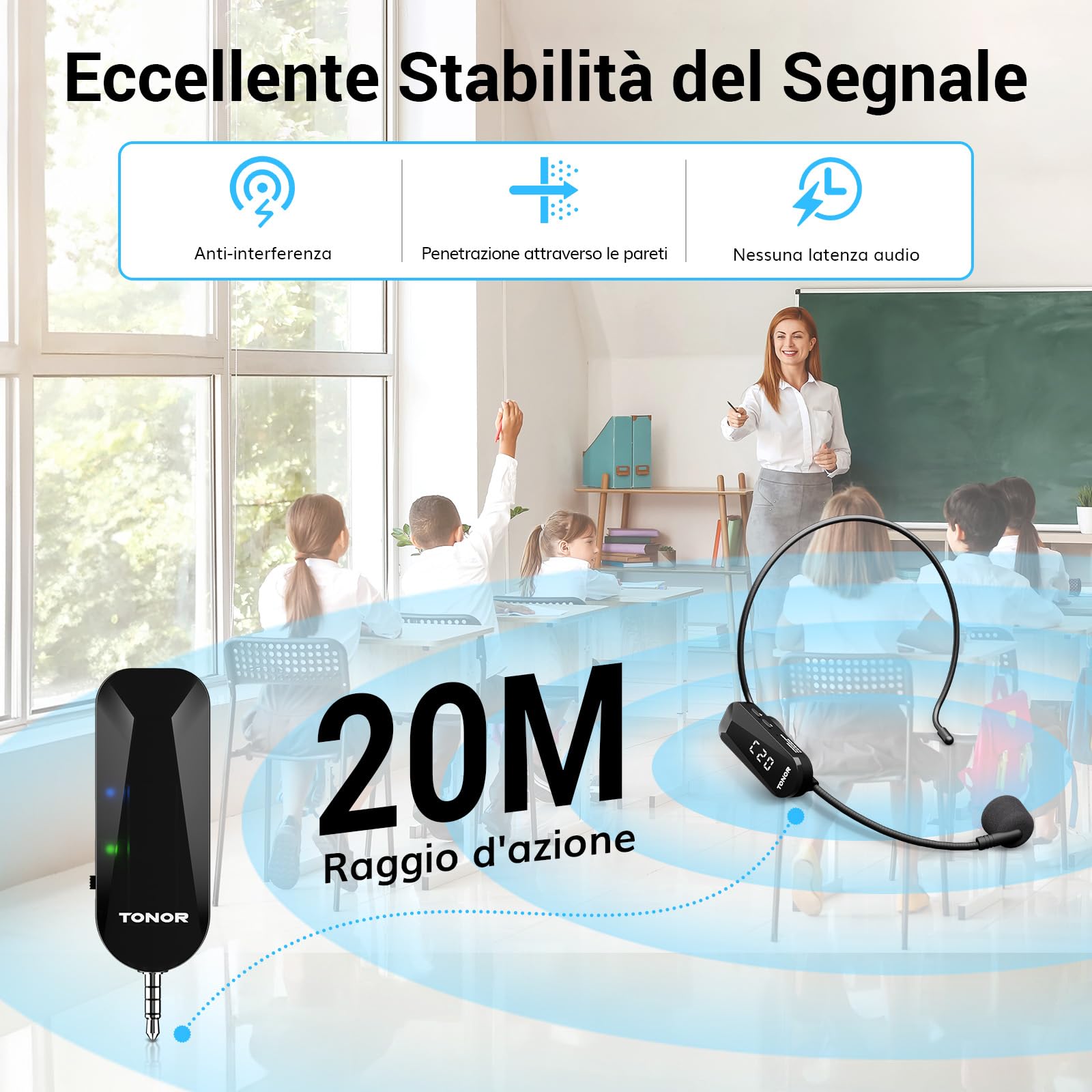 TONOR Microfono Wireless ad Archetto UHF, Ricaricabile Microfoni Senza Fili con 20 Canali, Archetto e Palmare 2-in-1, 6.5H Autonomia, per Amplificatore Vocale, Fitness, Insegnamento, Tour, Sistema PA