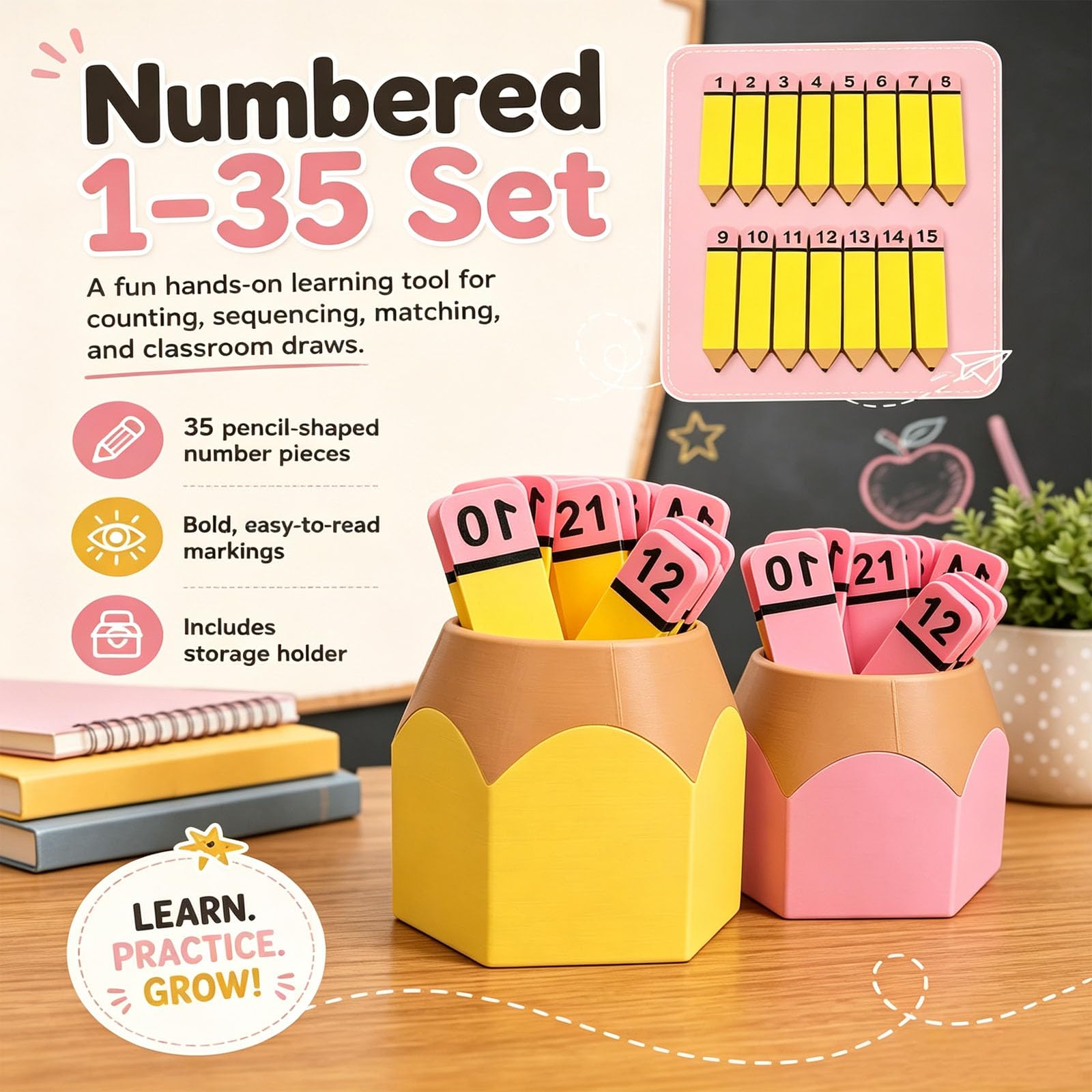 Zahlenlern-Set (Bleistift-Design) mit Halter (2pcs) | Wiederverwendbare Lernhilfen für Zahlenreihen, Zuordnungsspiele, Unterrichtsaktivitäten und Vorschule