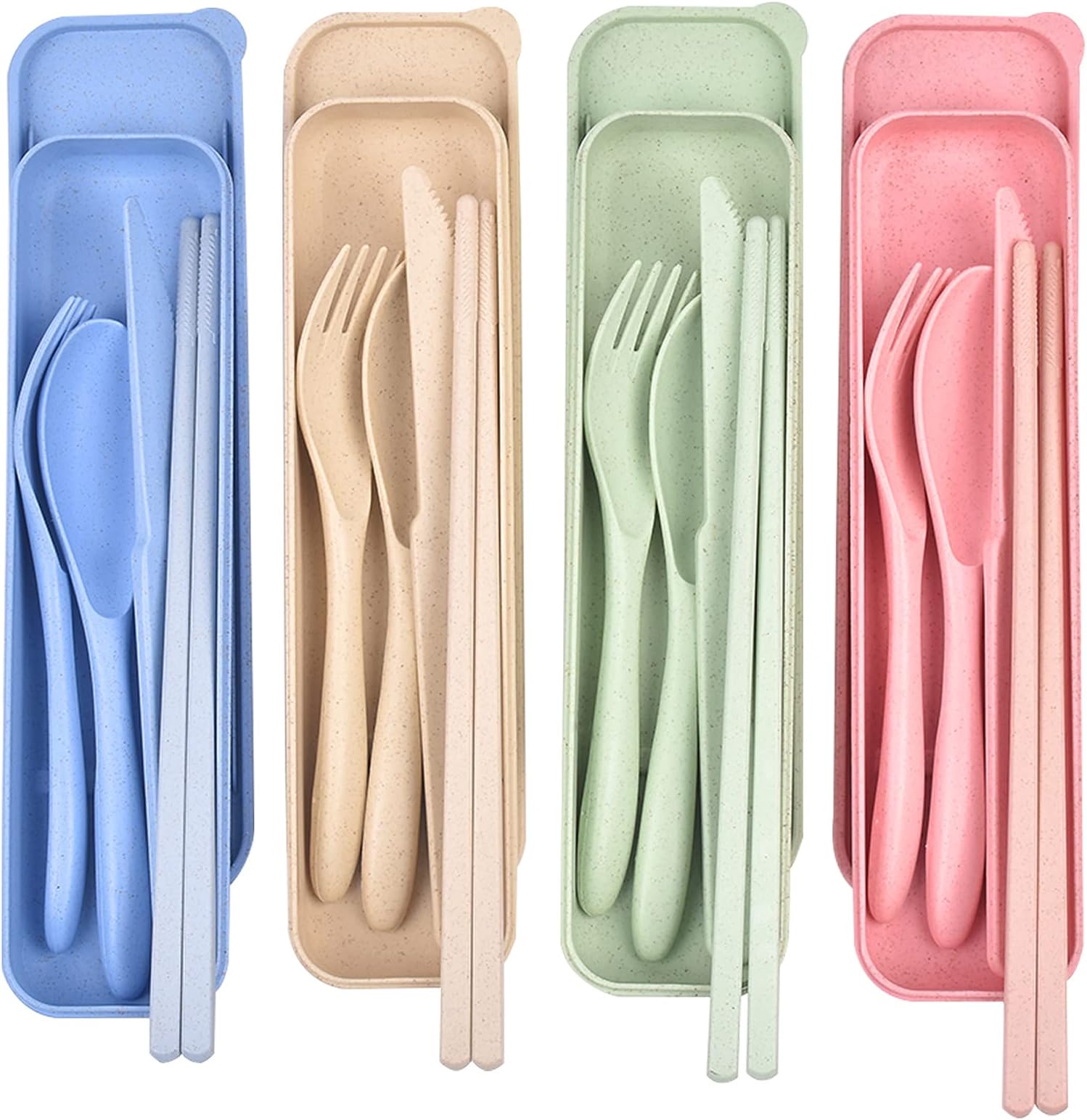 Camping Utensils Set, Travel Utensils Set with Case, 4 Sets Reusable Wheat Straw Tableware, Portable Cutlery Set, Plastic Case for Travel Picnic Camping or Daily Use (Color)