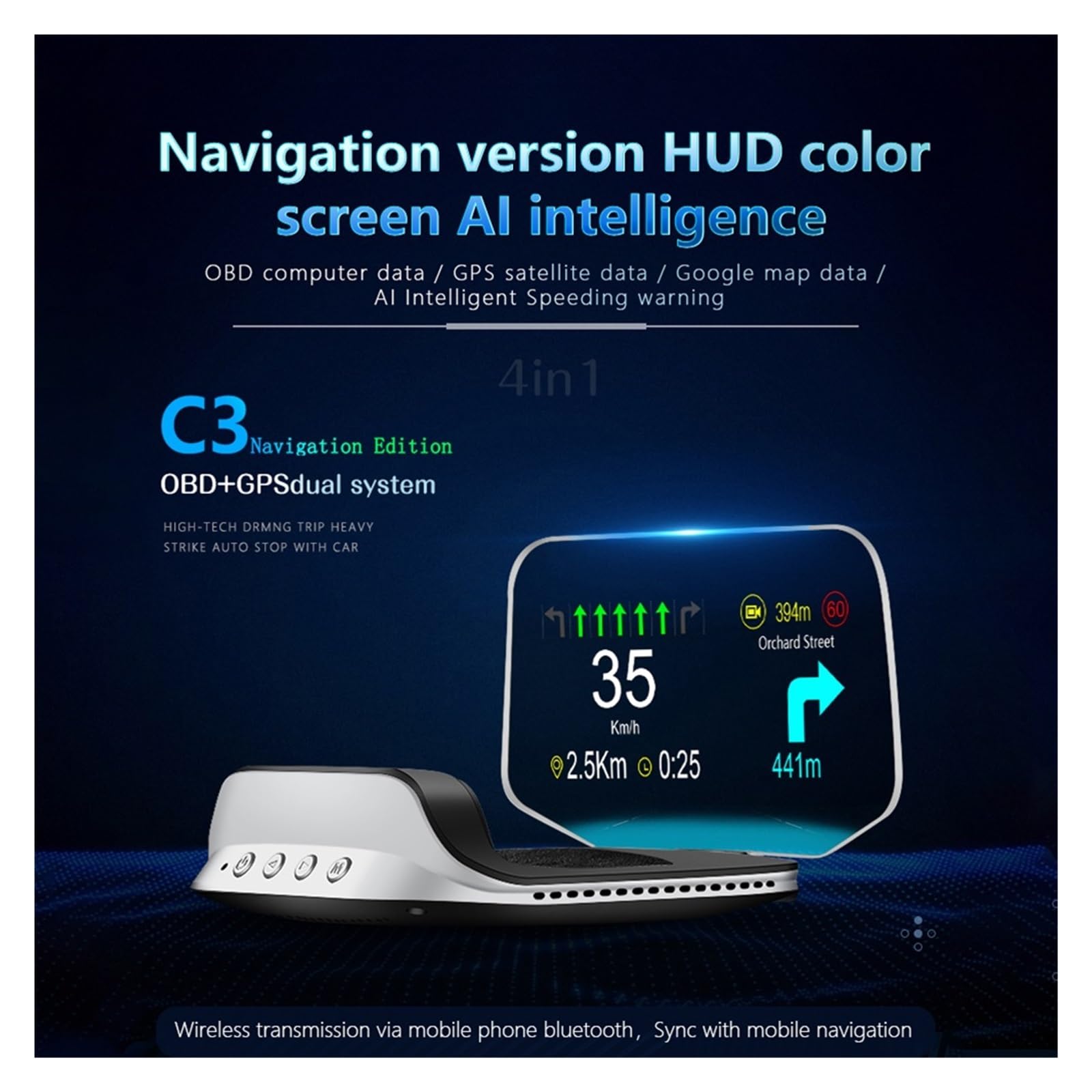 Panele Instrumentów Samochodowych Wyświetlacz Samochodowy HUD OBD2 Head Up C3/Plus Nawigacja GPS Prędkościomierz Cyfrowy Na Komputer Pokładowy Projektor RGB OBD 2 Test Skanera(C3 Plus HUD)