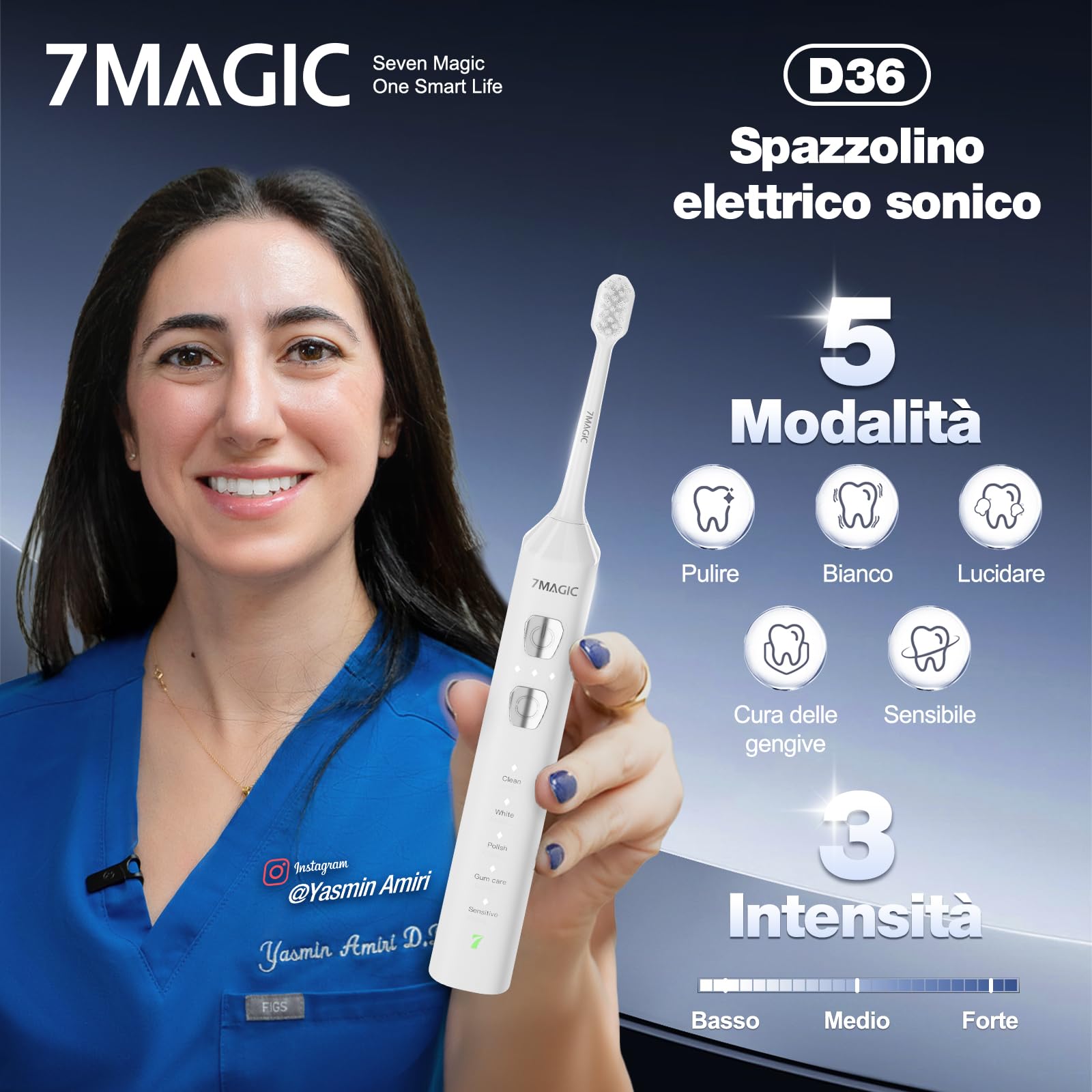 7MAGIC Spazzolino elettrico sonico, 180 giorni di autonomia, Bianco