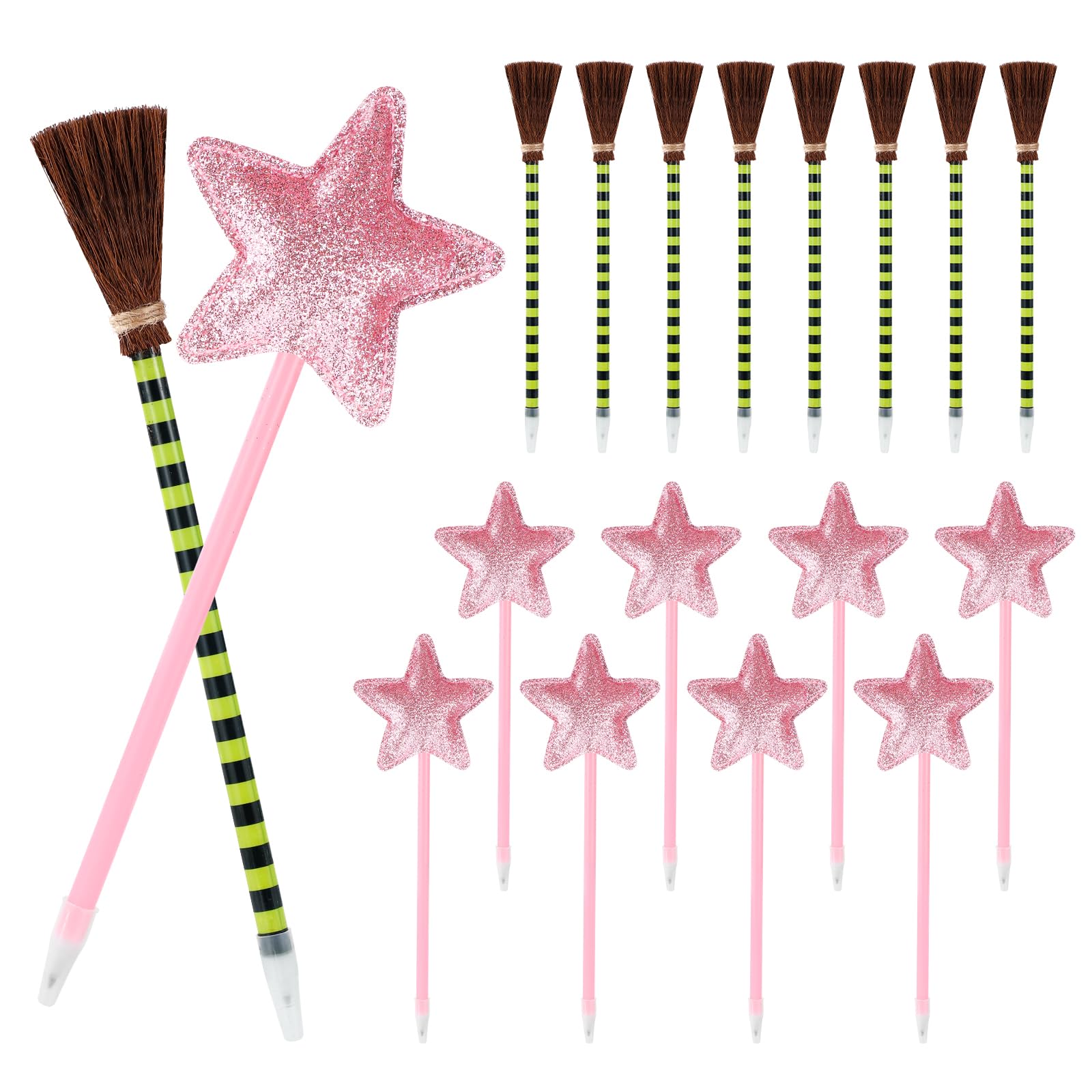 SAVITA 16pcs Party Favors, Includes 8pcs Pink Princess Star Ballpoints and 8pcs Green & Black Striped Witch Broom Ballpoint Pens for Halloween Cosplay
