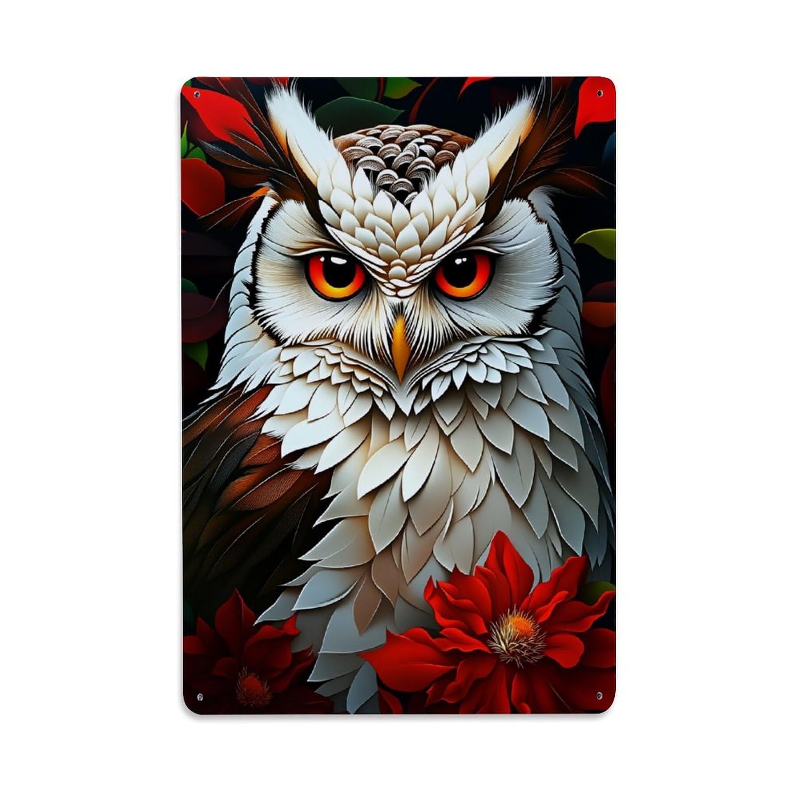 Owl Feather Red Flower Background Tin Sign Vintage Metal Poster, Home Bar Garage Man Cave Cafe Indoor & Outdoor Wall Decoration 8x12Inches