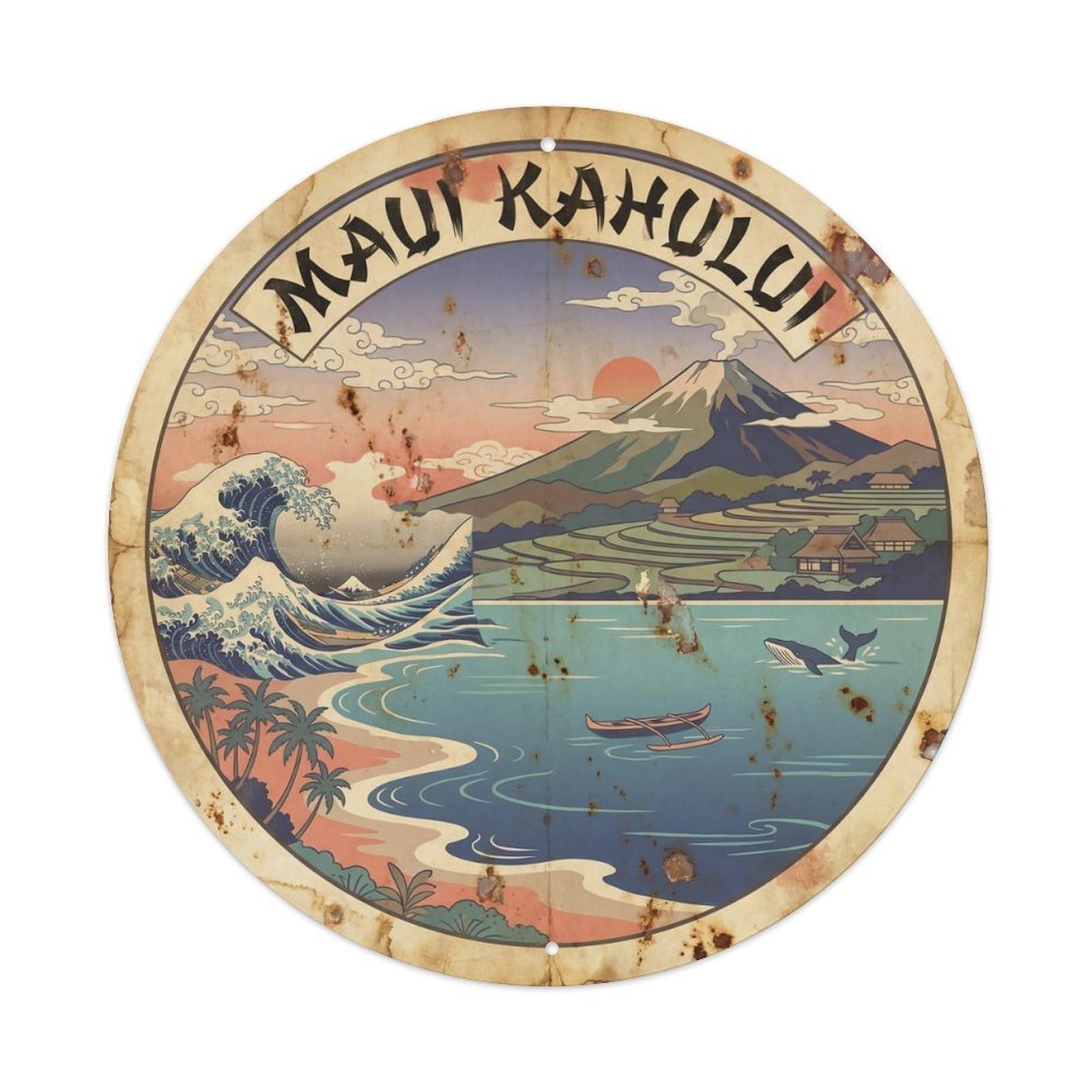 Maui Kahului Island Travel Vintage Woodcut Metal Tin Sign