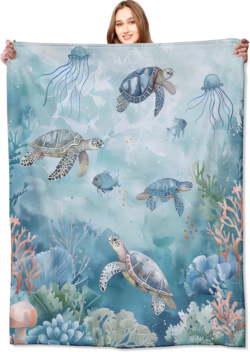 Sea Turtle Blanket Serene Ocean Turtles and Coral Reef Throw Blankets,Birthday Gifts for Kids & Beach Lovers,Lightweight Soft Fleece for Sofa Couch Bed Room Travel Decor 50x60in