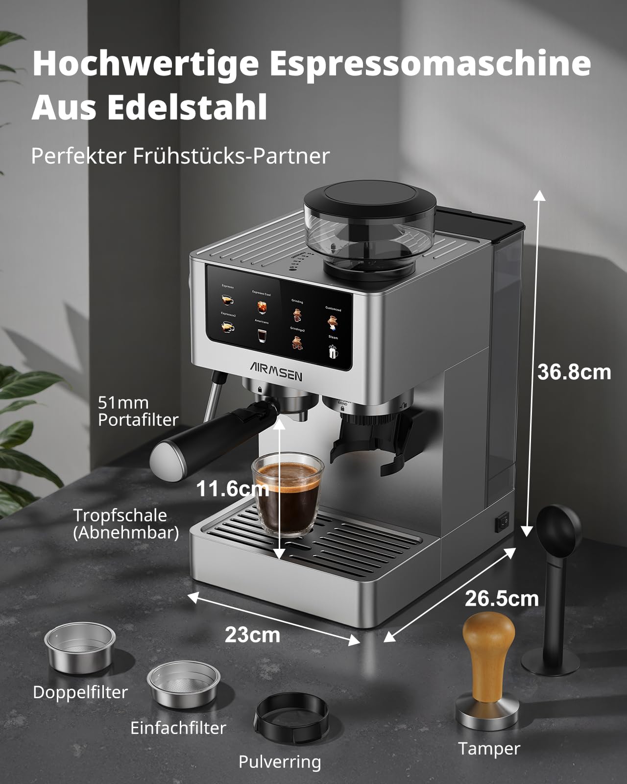 AIRMSEN 20 Bar Siebträgermaschine mit Kegelmahlwerk & Milchschäumer, 1.8L Wassertank, Edelstahl Espressomaschine Kaffeemaschine für Americano, Cappuccino und Latte