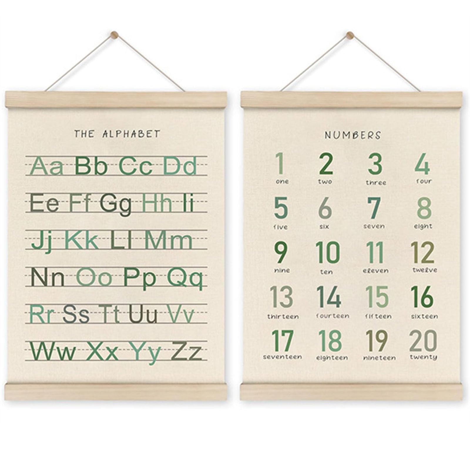 Elnwnnkc 2pcs Toddler Learning Posters for Playroom and Classroom Decors Alphabets and Number Wood Wall Hanging Banners Ornament Toddler Learning Wall Poster