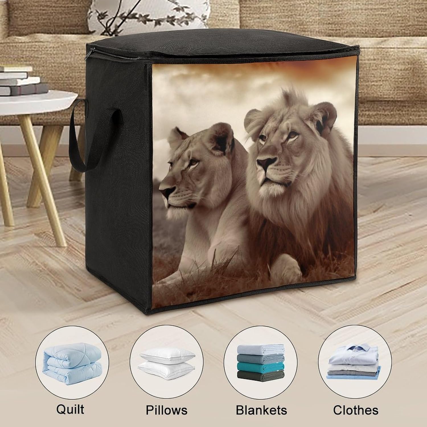 Quilt Storage Bag,African Lion And Lioness Printed Large Foldable Storage Container Portable Travel Storage Bag for Blankets, Quilts, Clothes, Comforter, Bedding And Pillows