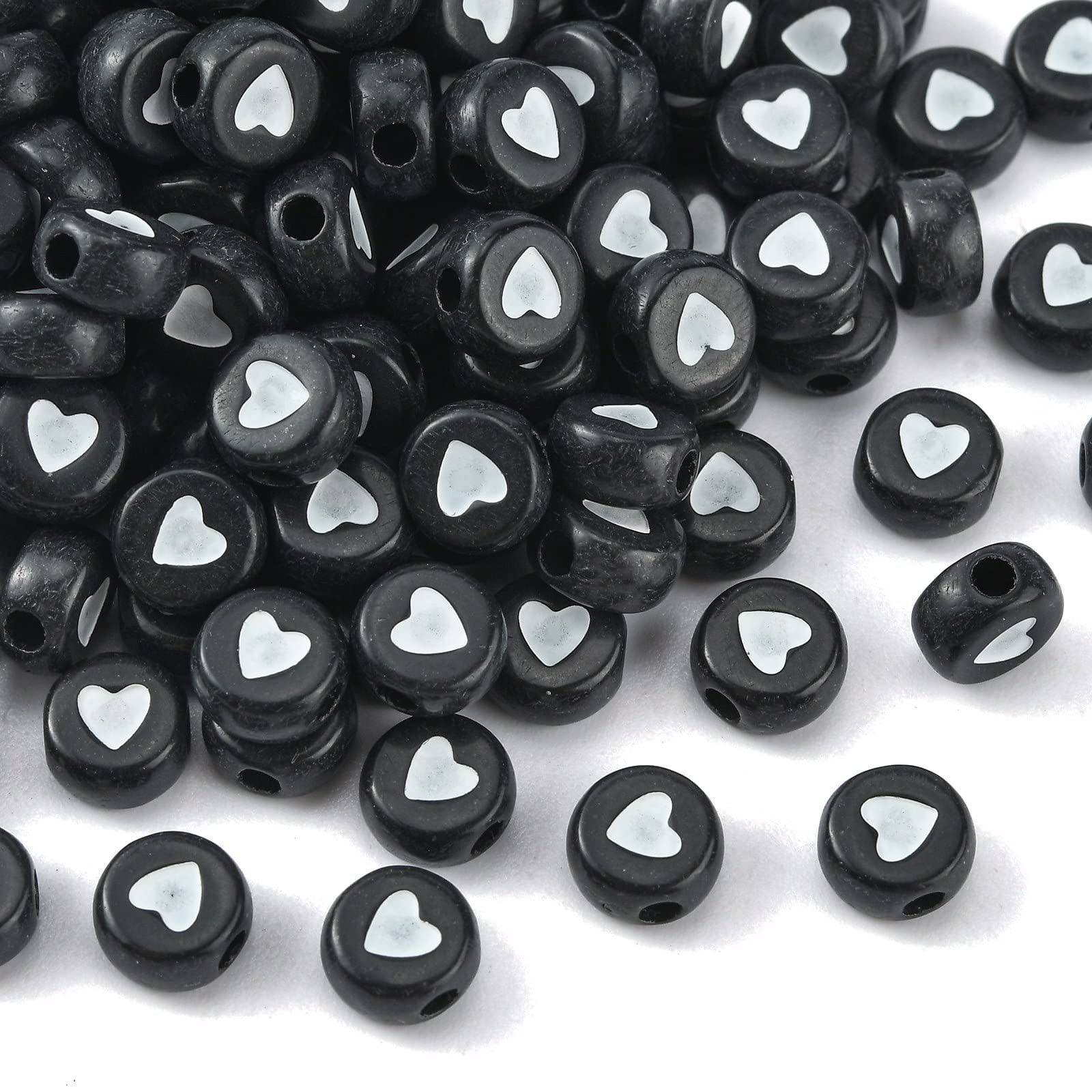 DanLingJewelry 200pcs Black Acrylic Heart Beads - Flat Round, Mini Disc, Coin, Pony for DIY Jewelry Making