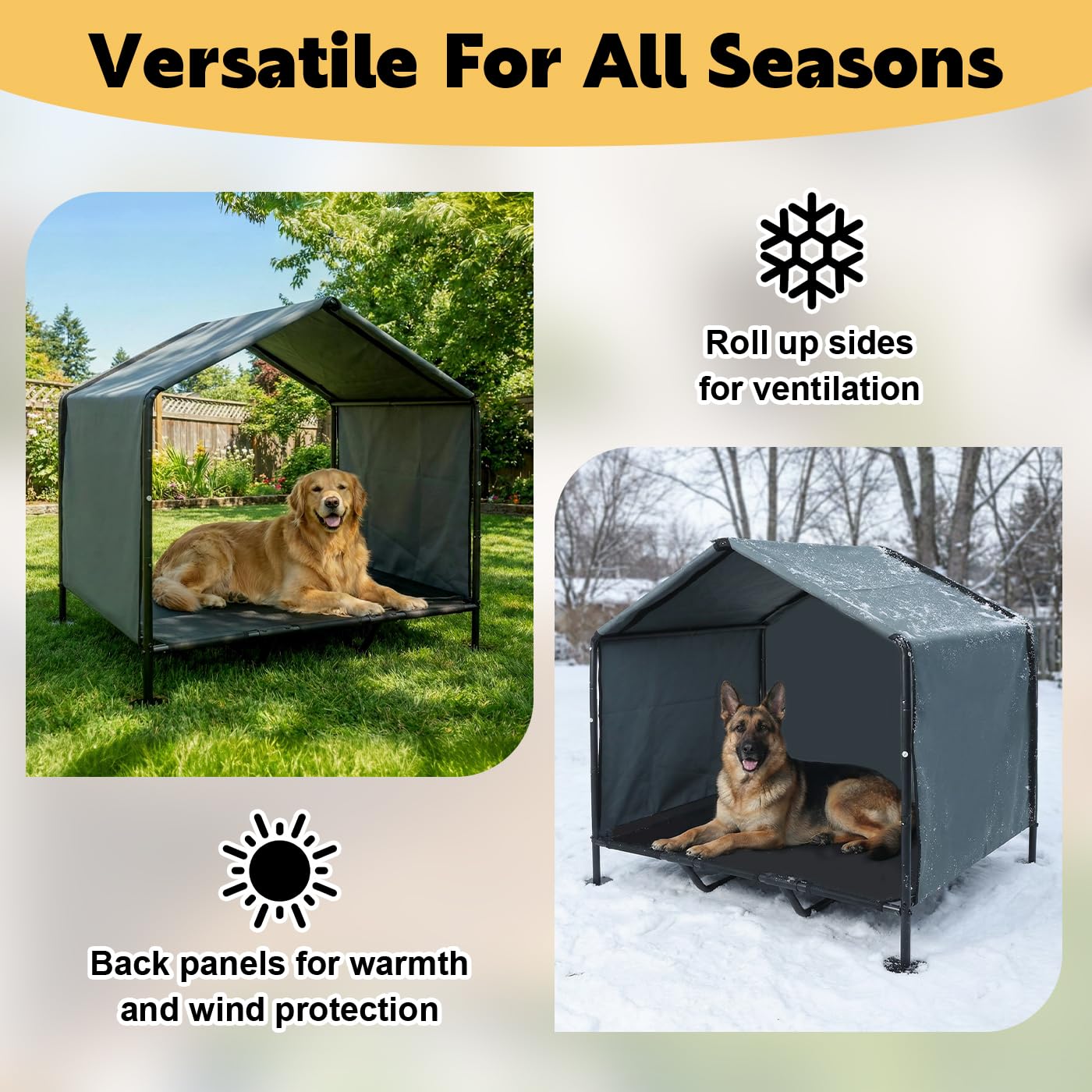 Refugio para perros al aire libre con cama elevada, pantalla grande para perros exteriores, casa 2 en 1 resistente a la intemperie para perros grandes, 39 pulgadas de largo x 34 pulgadas de ancho x 41