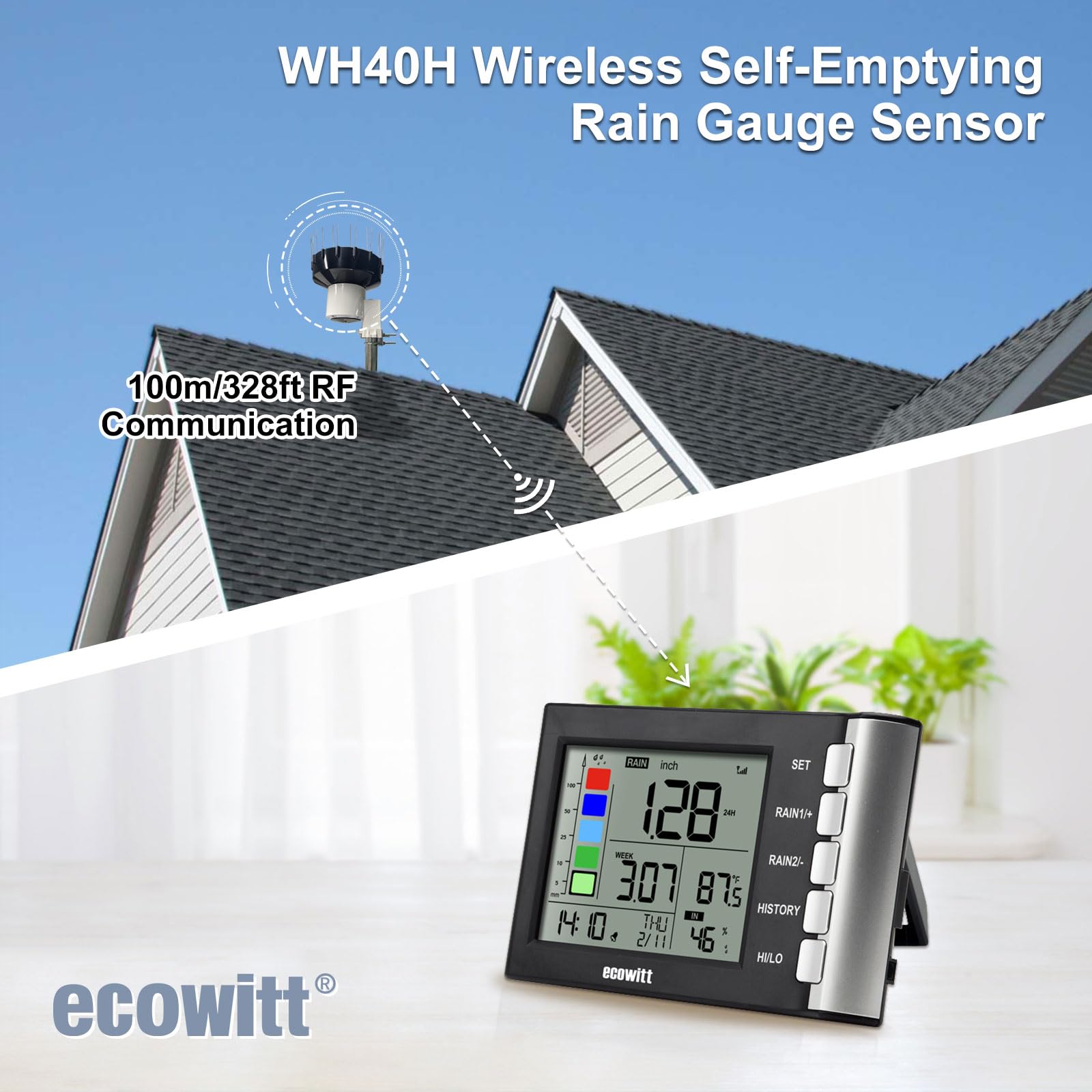 ECOWITT WH5360H Pluviometro digitale 3 in 1 ad alta precisione con termometro e igrometro interno