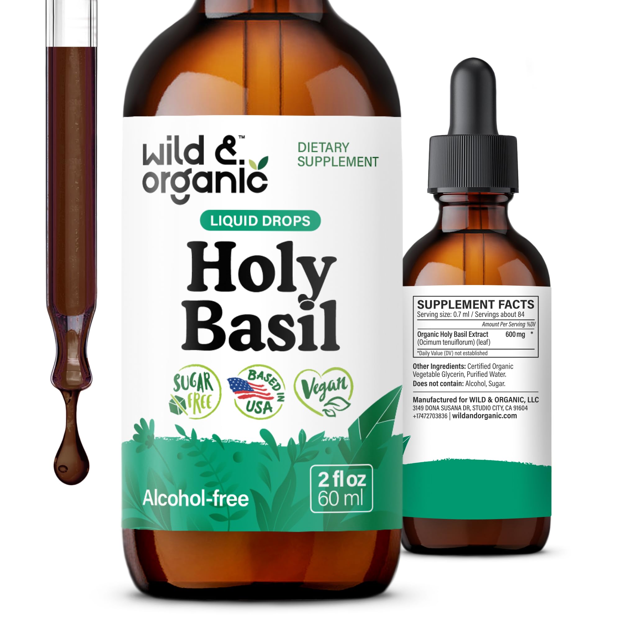 Wild & Organic Holy Basil Leaf Tincture - Relaxation, Calmness, Mood Support - Tulsi Holy Basil Supplement - Vegan, Sugar & Alcohol-Free Herb Extract Drops - 2 fl oz