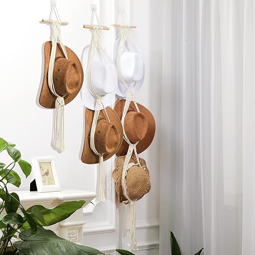 Miniatura 6 de Yulejo 3 piezas de macramé para sombrero, colgador de sombreros bohemio para pared, organizador de vaquera, estante de exhibición de tejido a mano,