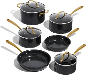 Lagostina Eleganza 2-Coat Non-Stick Ceramic 10-Piece Set, PFAS Free, Includes 6.2in/7in/7.8in saucepans with lid, 8.6in stockpot with lid, 7.8in and 9.4in Open Skillet, Induction and Oven Safe 450°F