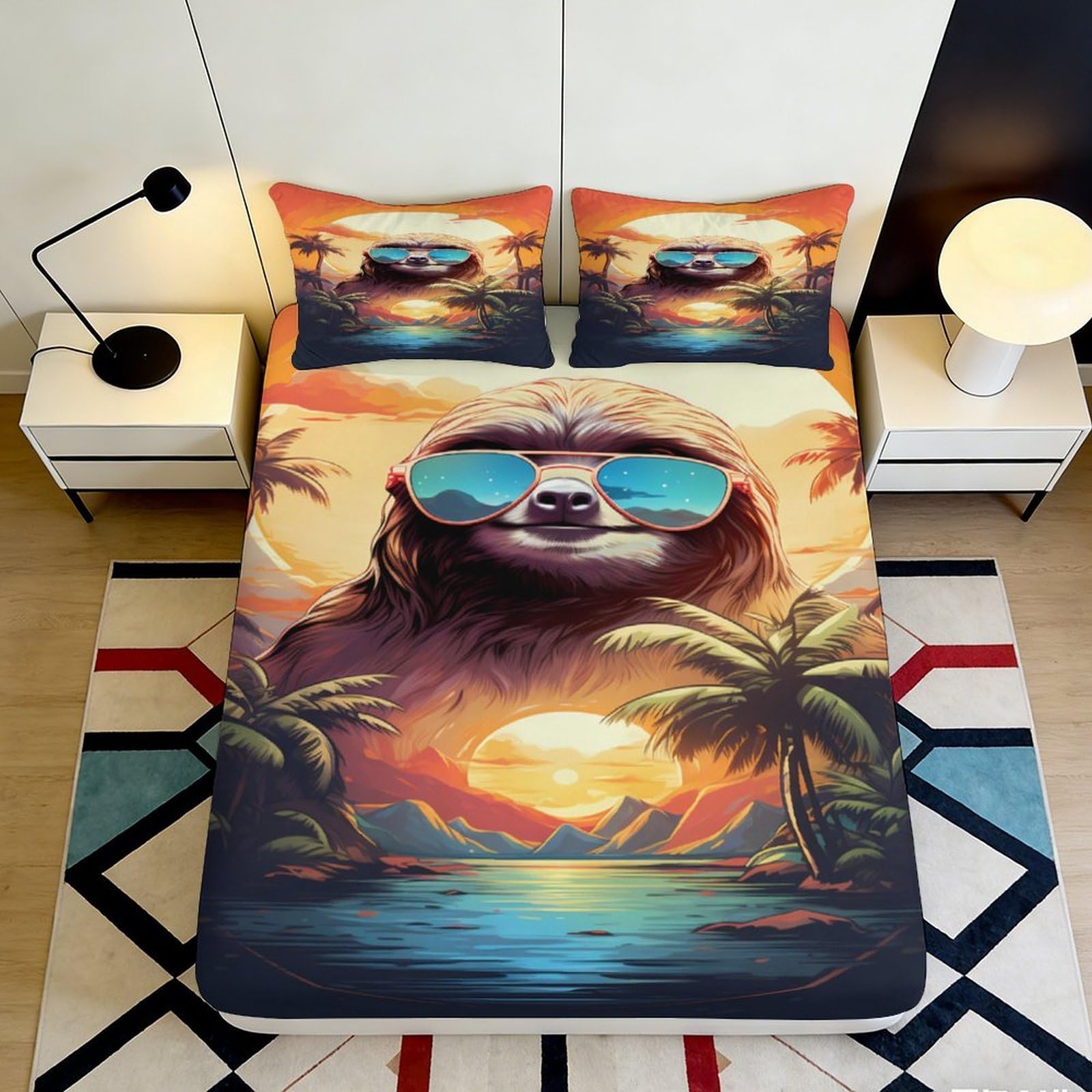 3D Printed Tropical Sunset Sloth Fitted Sheet Microfiber Soft Breathable Beach Landscape Mattress Cover for Bedroom Dorm Dormitory Guest Room Protection 140x200x25cm