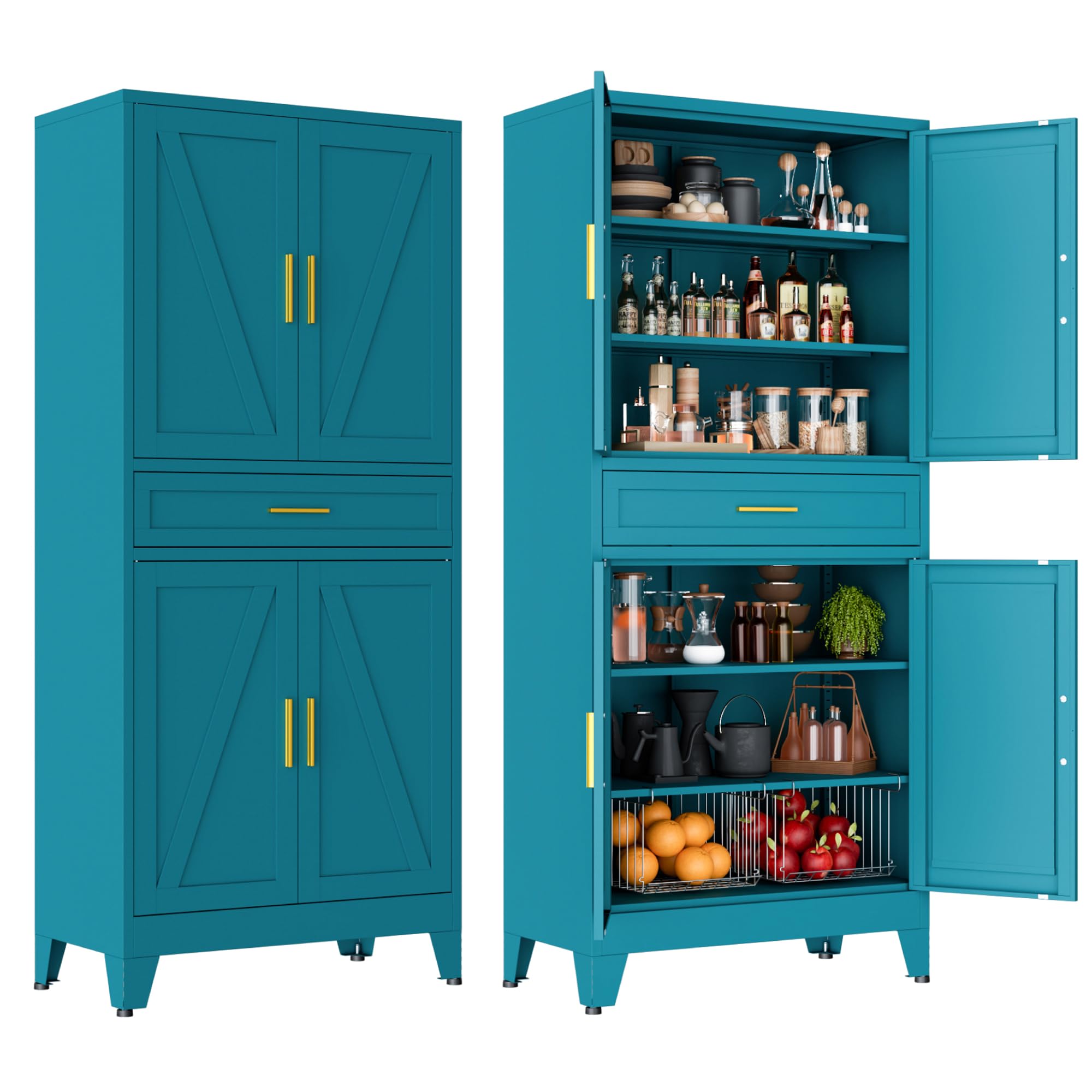 LCAOPC 71" Tall Pantry Storage Cabinet with Drawer and Adjustable Shelves, Freestanding Tall Kitchen Cupboard Storage Cabinet for Kitchen,Dining Room, Living Room, Blue