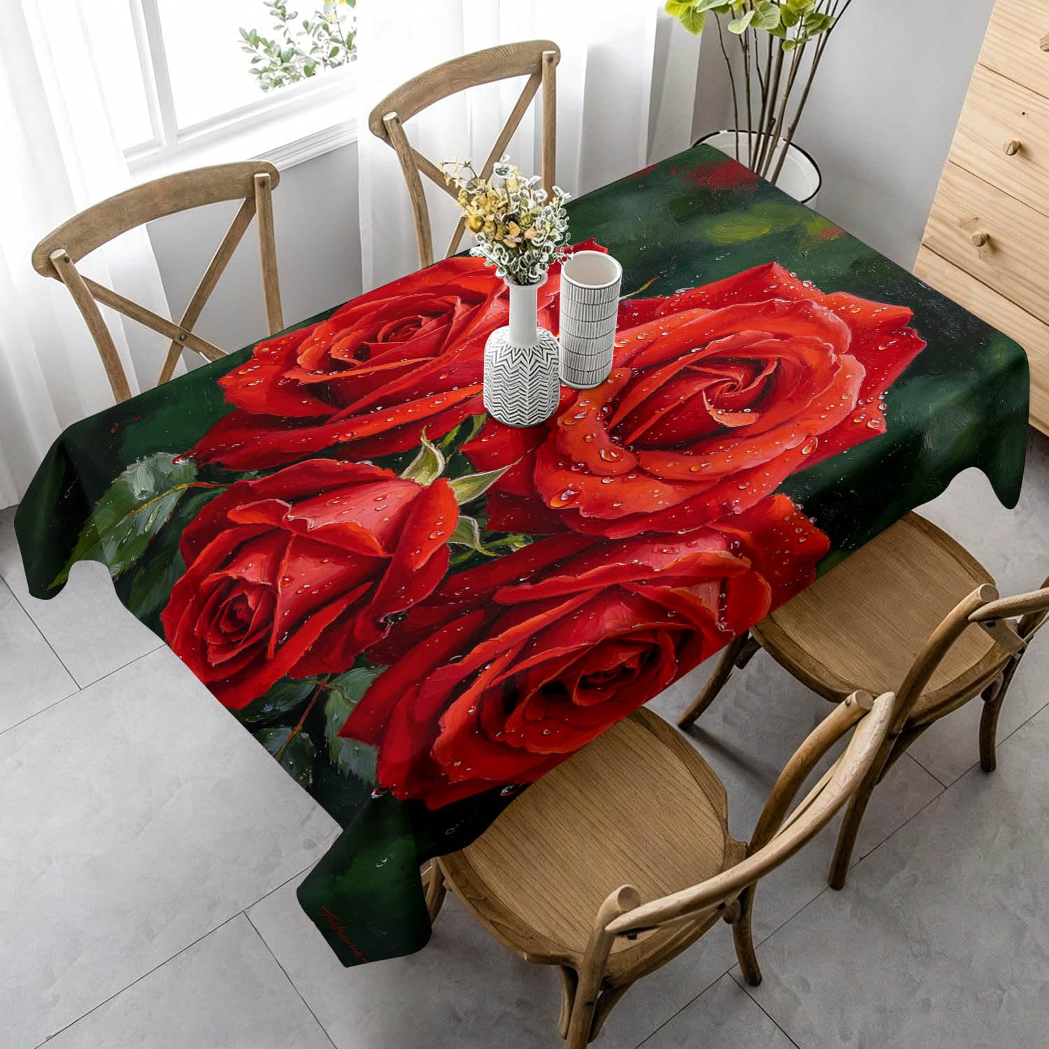 Prostokątny obrus 160 x 240 cm czerwone kwiaty poliester