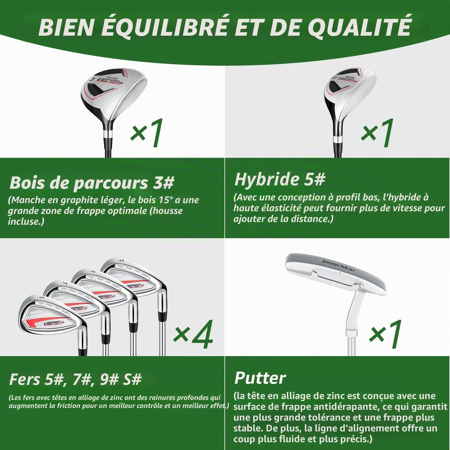 XDriveMax Ensemble de Club de Golf pour Homme gaucher 8 Pièces, avec Sac de Support avec Housse de Pluie, Bois de Fairway 3# avec Couvre-tête, 5# Hybride, 5#, 7#, 9# S# Fer et Putter