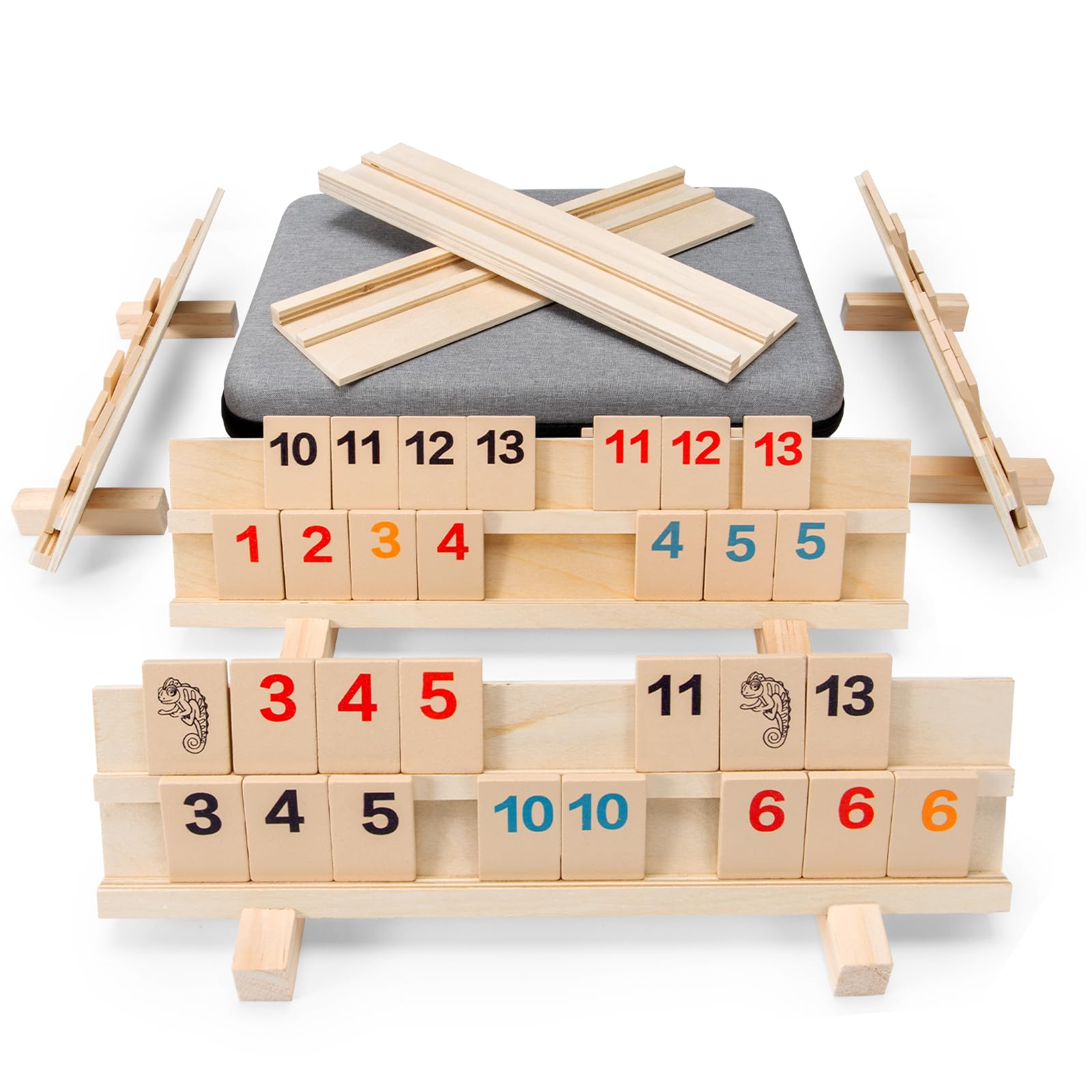 Rummy Cube Game 2-6 Players with 6 Wooden Racks/Trays and 162 Wood Rummy Cards, Bright and Large Number Edition Rummy Tiles and Portable Case, Classic Rummy Set for Adults and Family