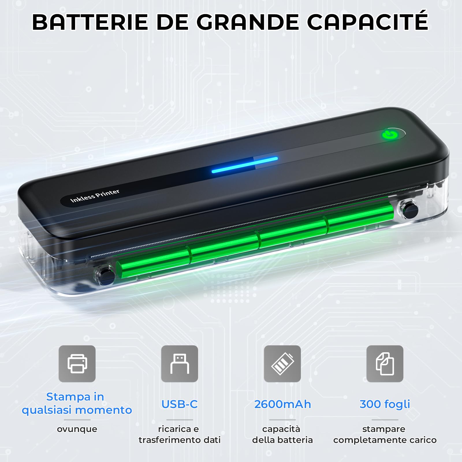 Stampante Termica Portatile Senza Fili A4 300dpi 2600mA Bluetooth