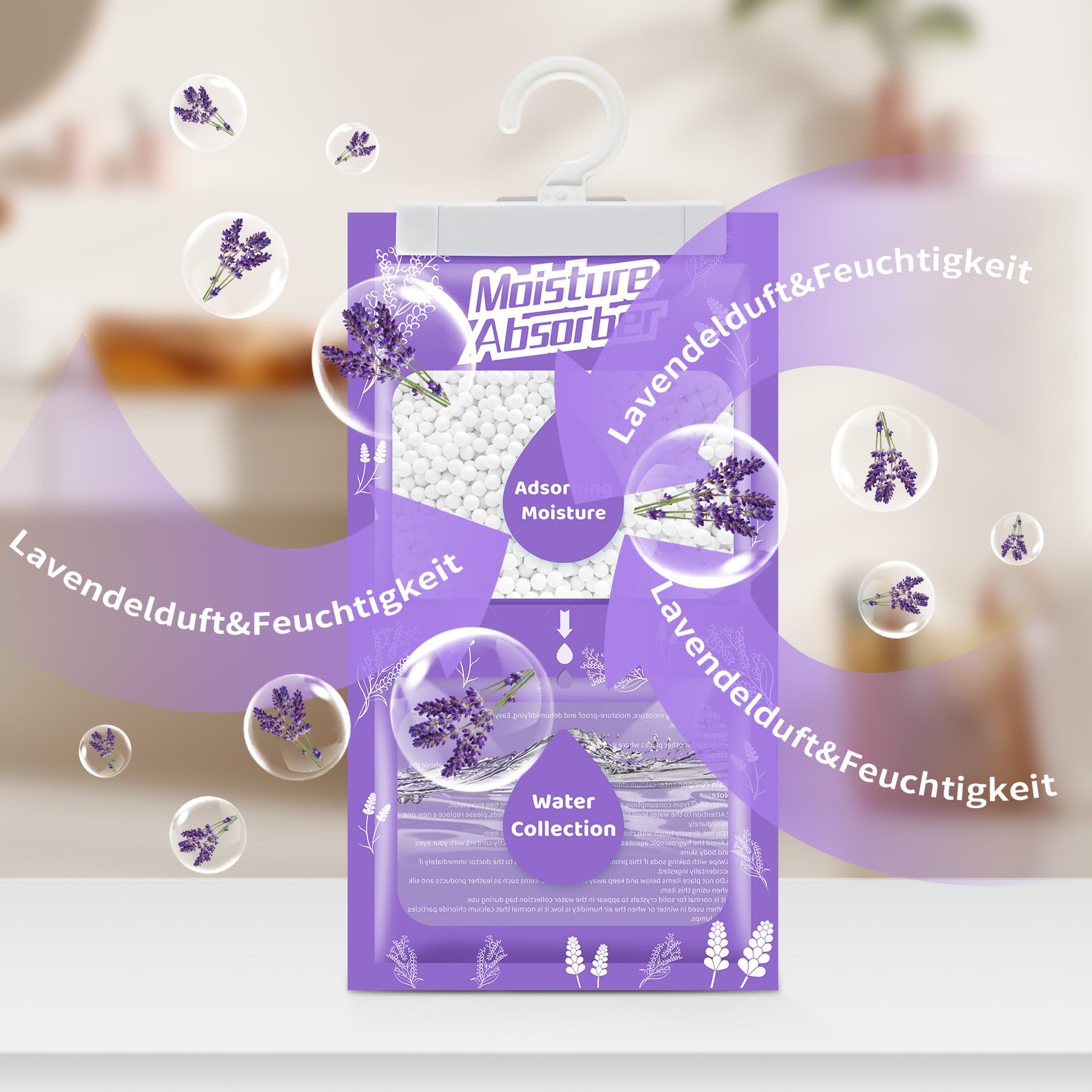 Déshumidificateur suspendu 20 x 230 g avec parfum, absorbeur d'humidité pour cave, chambre à coucher, buanderie, contre l'humidité, anti-moisissure, sac déshydratant – Lavande