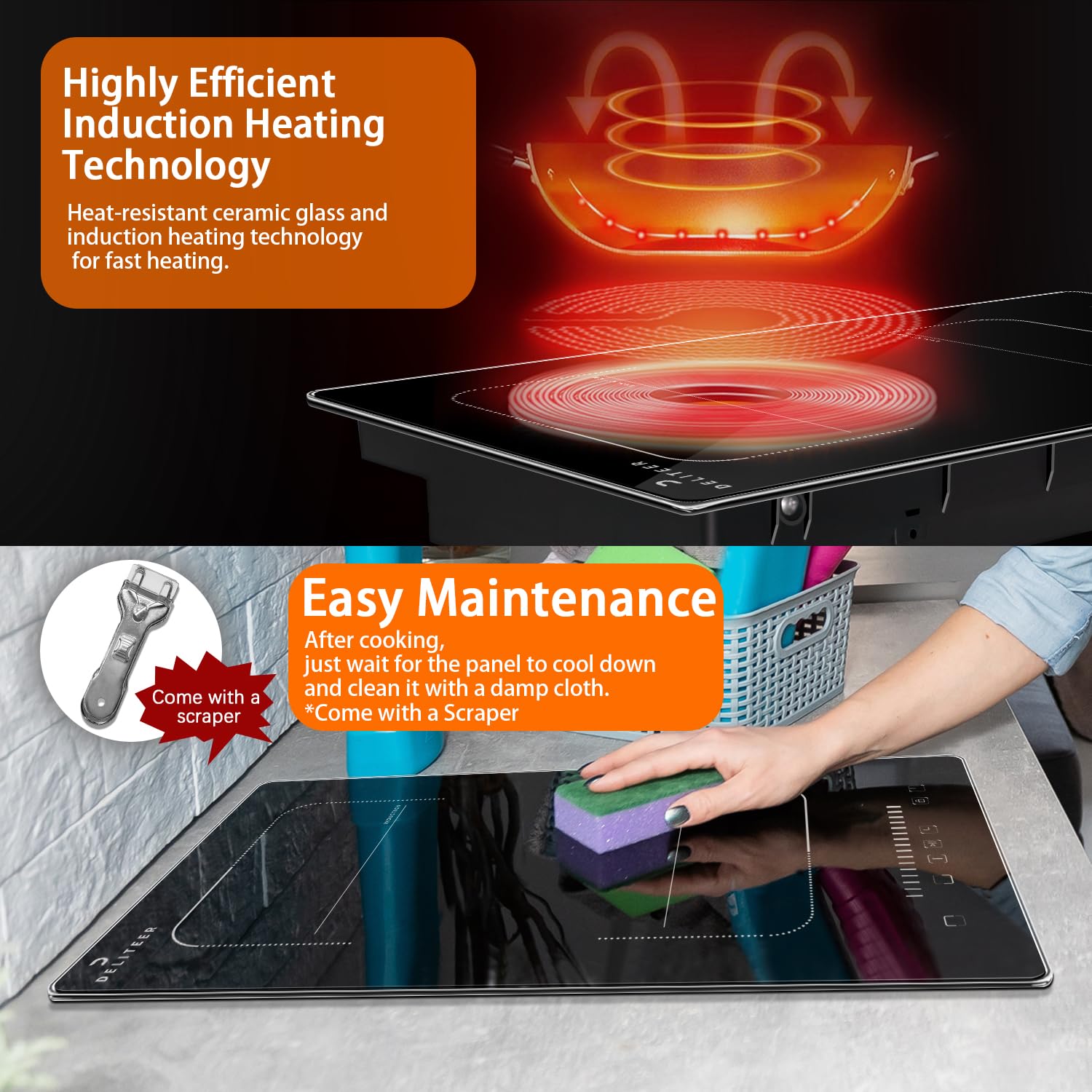 DELITEER, Piano Cottura a Induzione 2 Piastre con Spina, Piano di Cottura da Incasso con Cornice, 3500W, Controllo del Cursore, Zona Flessibile per il Grill, Blocco Bambini, 9 Livelli di Potenza