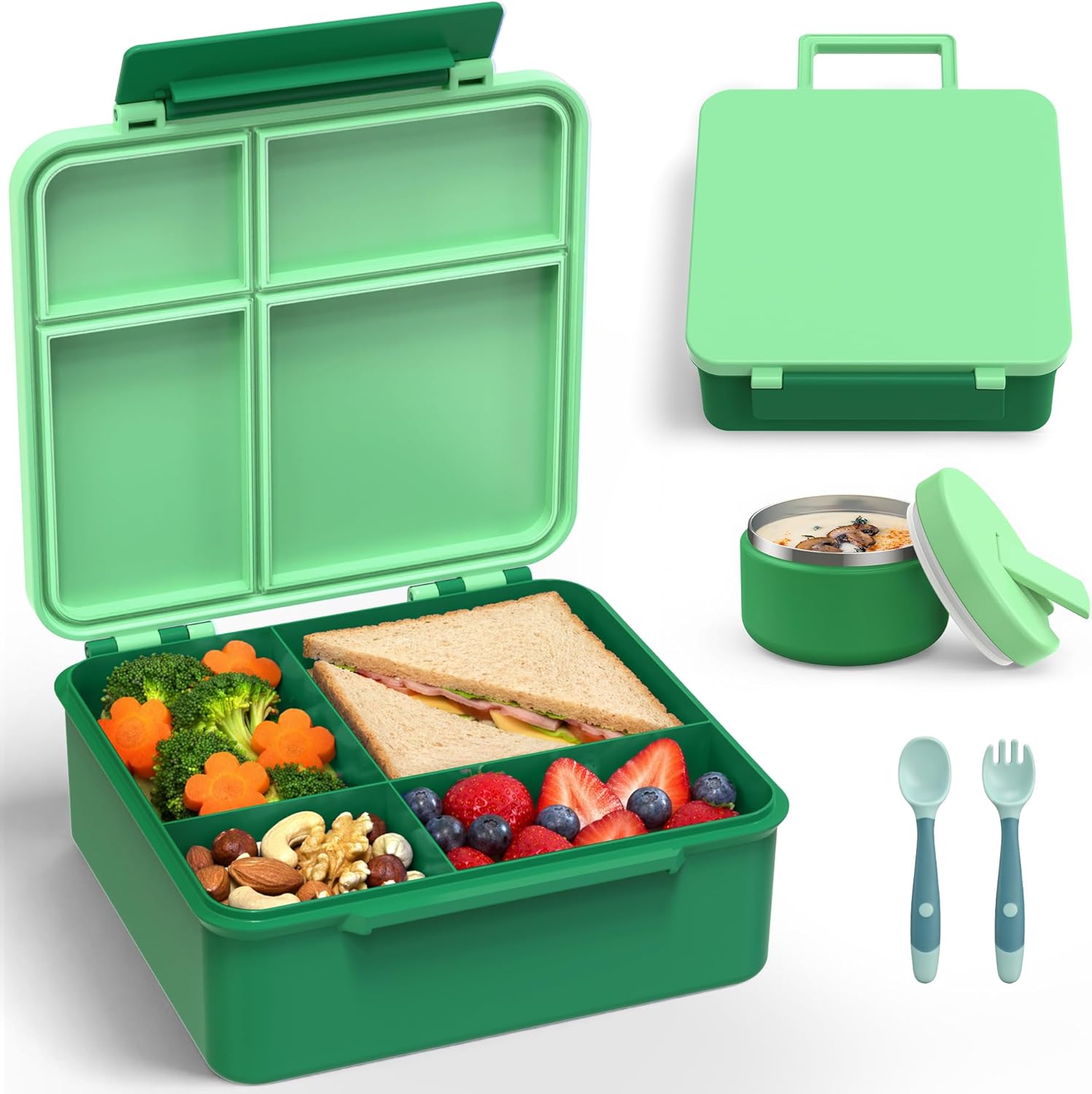 LOHASOK Bento Lunch Box Kids with 8oz Soup Thermo, Leak-Proof Lunch Containers with 4 Compartment, Thermo Hot Food Jar and Insulated Lunch Box for School Green