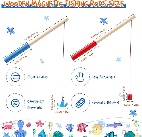 Miniatura 2 de Sumind 6 cañas de pescar magnéticas de madera con ganchos magnéticos, juego de Navidad, juguetes de regalo para fiesta de cumpleaños (rojo, azul,