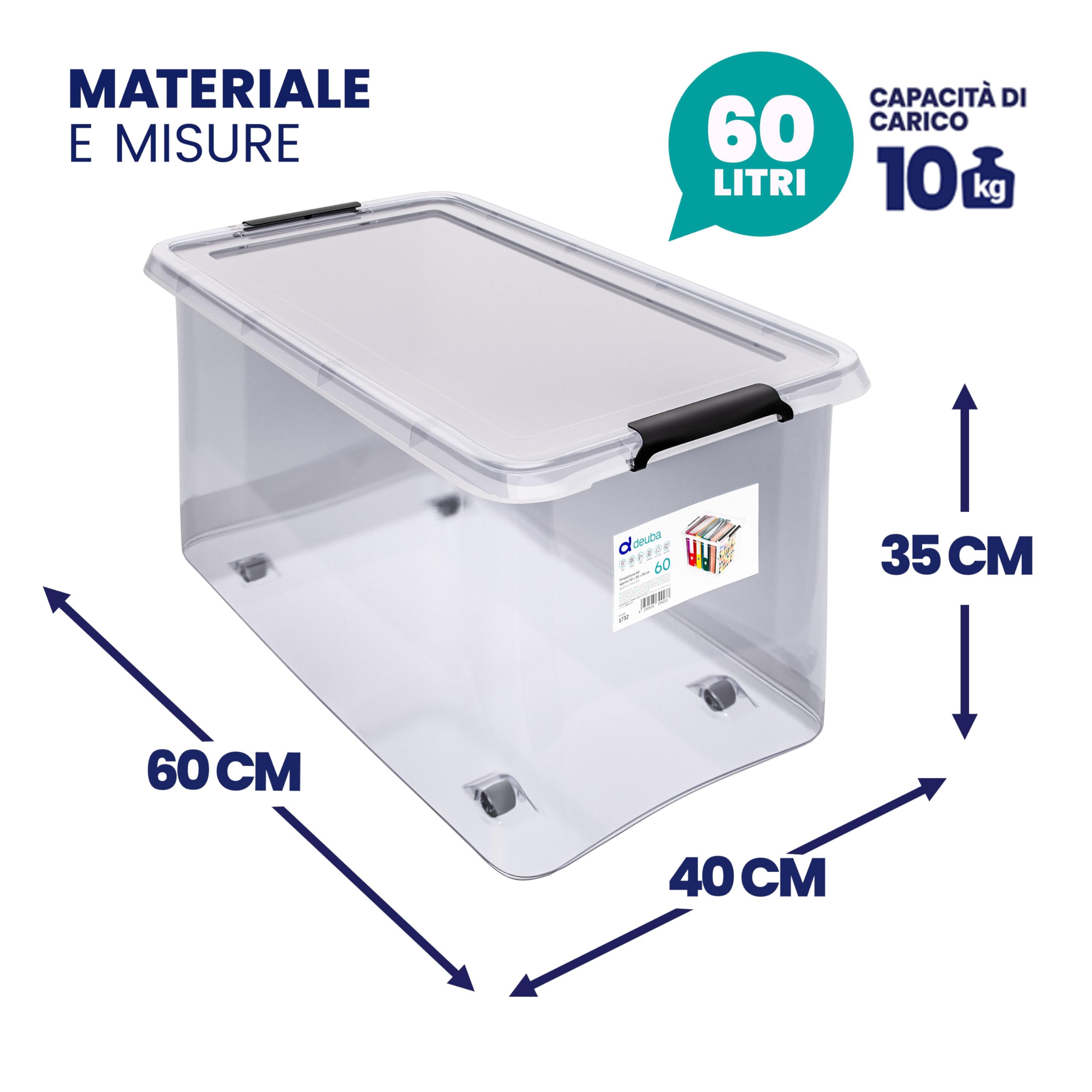 Deuba® 6X 60L Scatole in Plastica Trasparente Senza BPA Contenitori con Coperchio Impilabili Ruote Cassette Salvaspazio