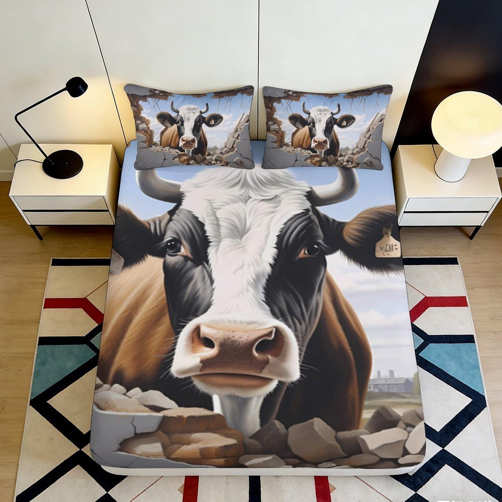 3D Printed Cow Pasture Fitted Sheet Microfiber Soft Breathable Farm Landscape Bed Cover for Bedroom Dorm Mattress Decor 90x200x25cm