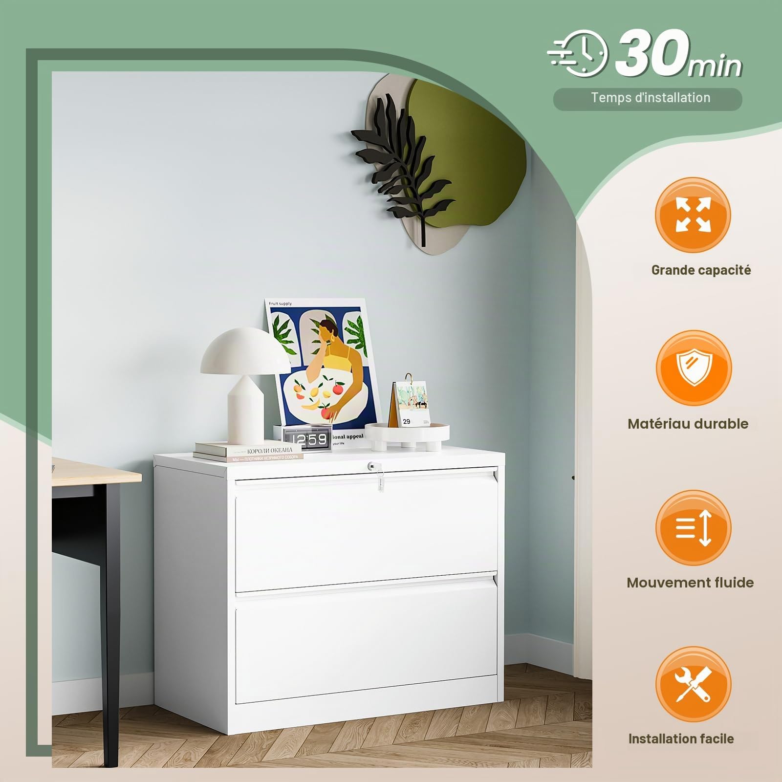 Armoire de Bureau en Acier - Commode 2 Tiroirs, Buffet, Placard de Rangement - Meuble de Classement pour Chambre, Salon, Entrée - 90x40x103 cm Blanc