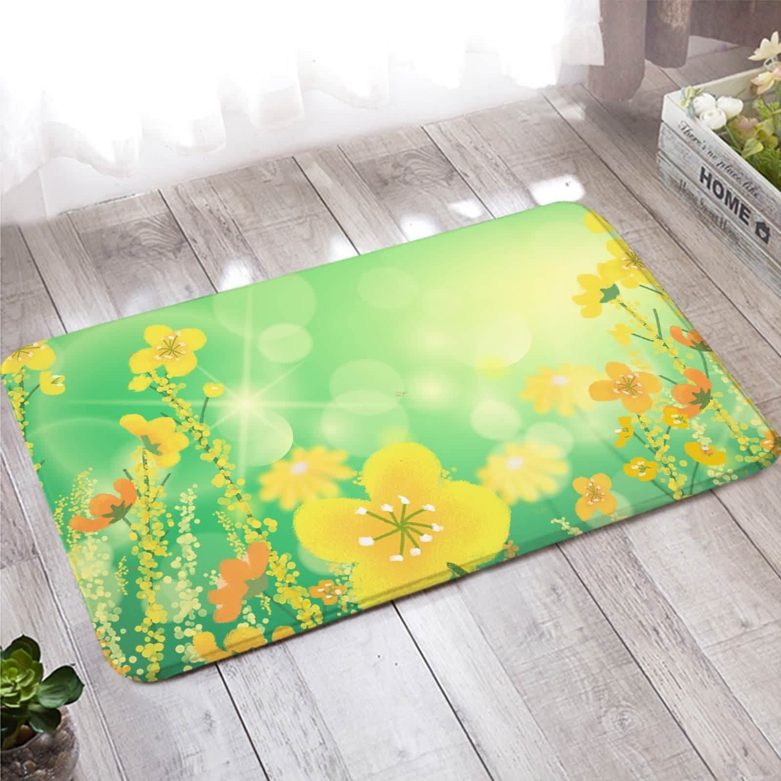 Paillasson intérieur Welcome vert jaunâtre à motif fleurs jaunes 60x180 cm