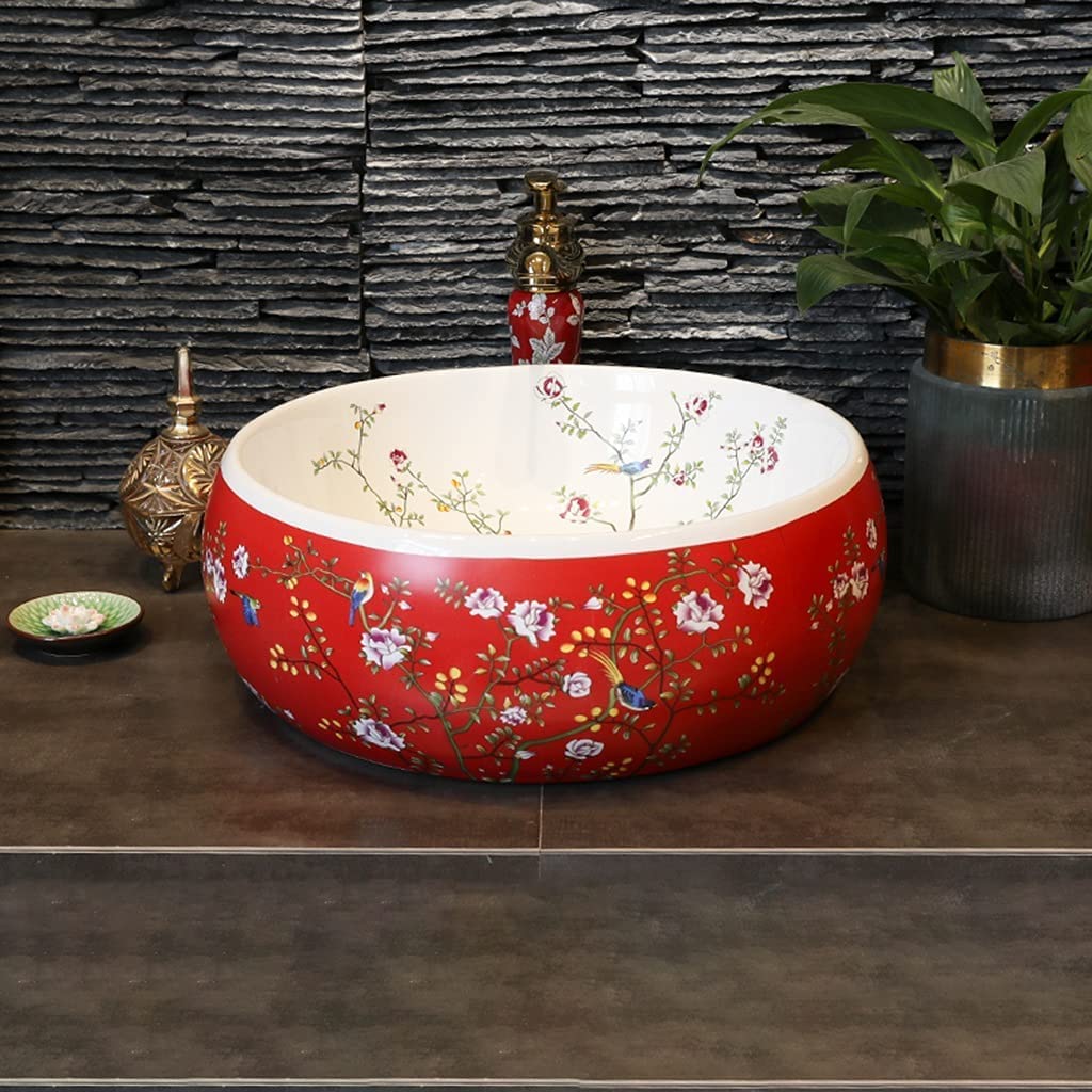 Umywalka łazienkowa nablatowa z umywalką nablatową, chińskie ceramiczne umywalki łazienkowe Lowes, indywidualny zestaw umywalek w kształcie kwiatów i ptaków, czerwony, 42 * 15 cm