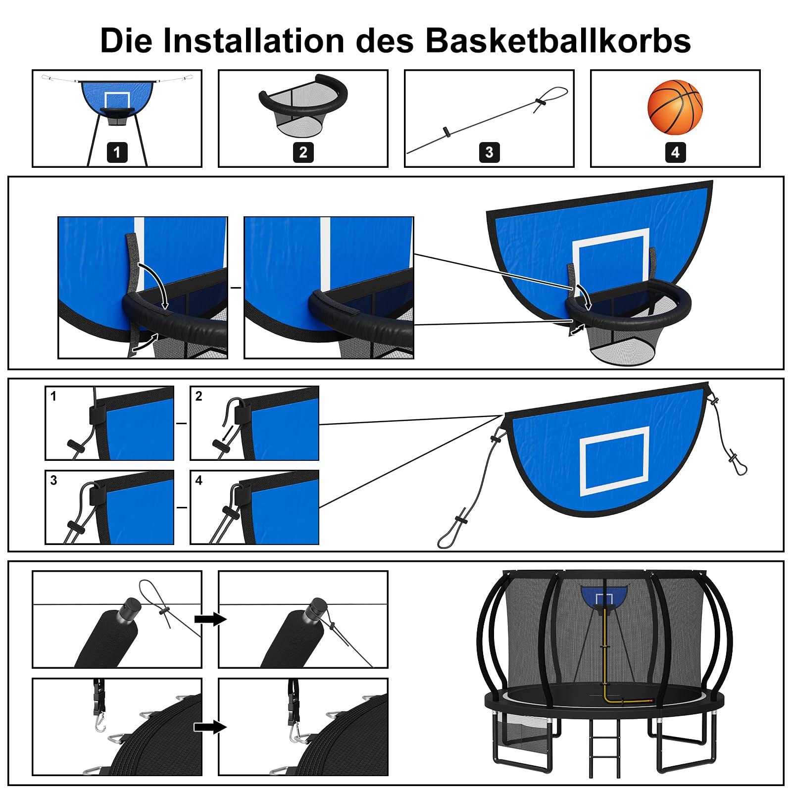 Devoko Outdoor Trampolin mit Basketballkorb & Sicherheitsnetz - 150 kg Maximalgewicht - Ø 228/305/366/427 cm - Robuster Garten-Trampolinspaß für Kinder und Erwachsene