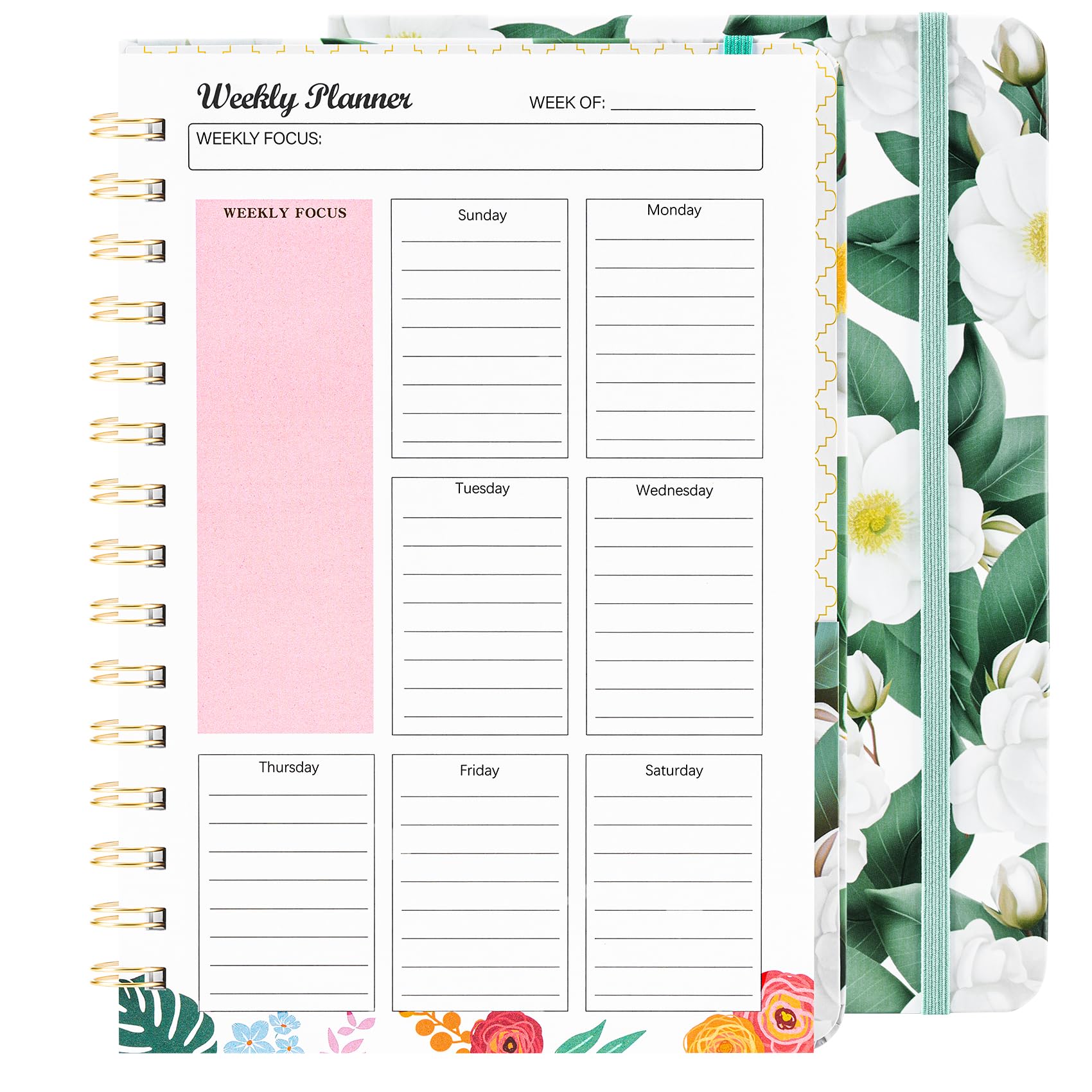 Premium Weekly Planner Undated 6.1″ x 8.5″ with Spiral Bound Weekly Goals Schedule, To Do List, and Habit Tracker Journal for Men & Women - 52 Weeks of Organization - White Flower