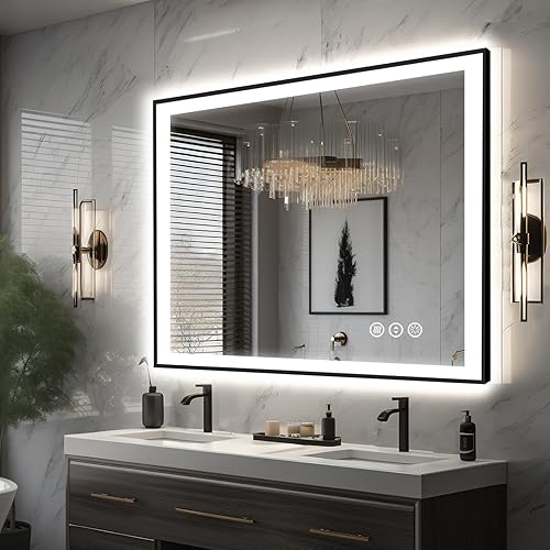 Miniatura 33 de 48x32 Espejo de Baño Iluminado, Espejos de Pared de Hollywood con Bombillas LED, 3 Temperaturas de Color y Atenuación Sin Escalas, Antiempañamiento