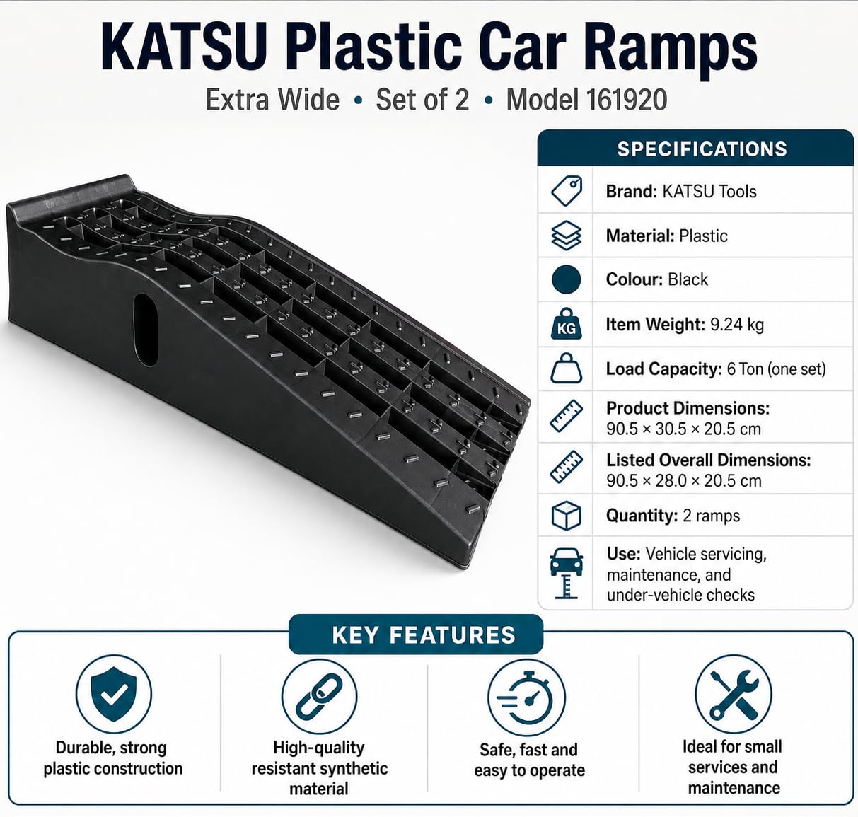 KATSU Rampes de Voiture en Plastique, Extra Larges, 2 Pièces Rampes de Garage Robustes pour Levage de Véhicules Automobiles Atelier Service et Réparation de Voiture 161920