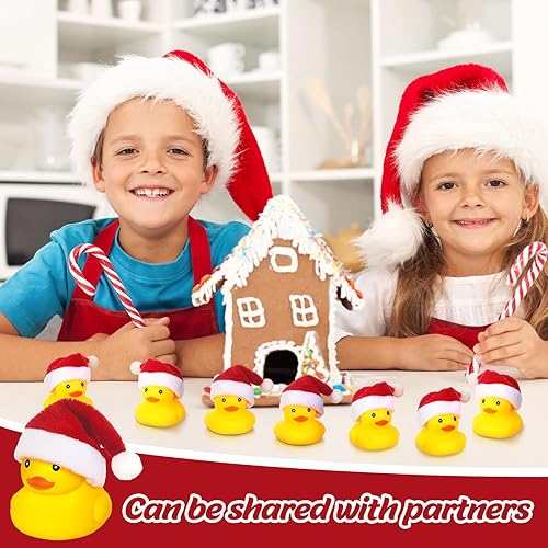 Miniatura 4 de Liliful 48 patos de goma navideños con sombreros de Navidad, pequeños patos amarillos, mini patos flotantes de goma chirriantes, juguetes de baño