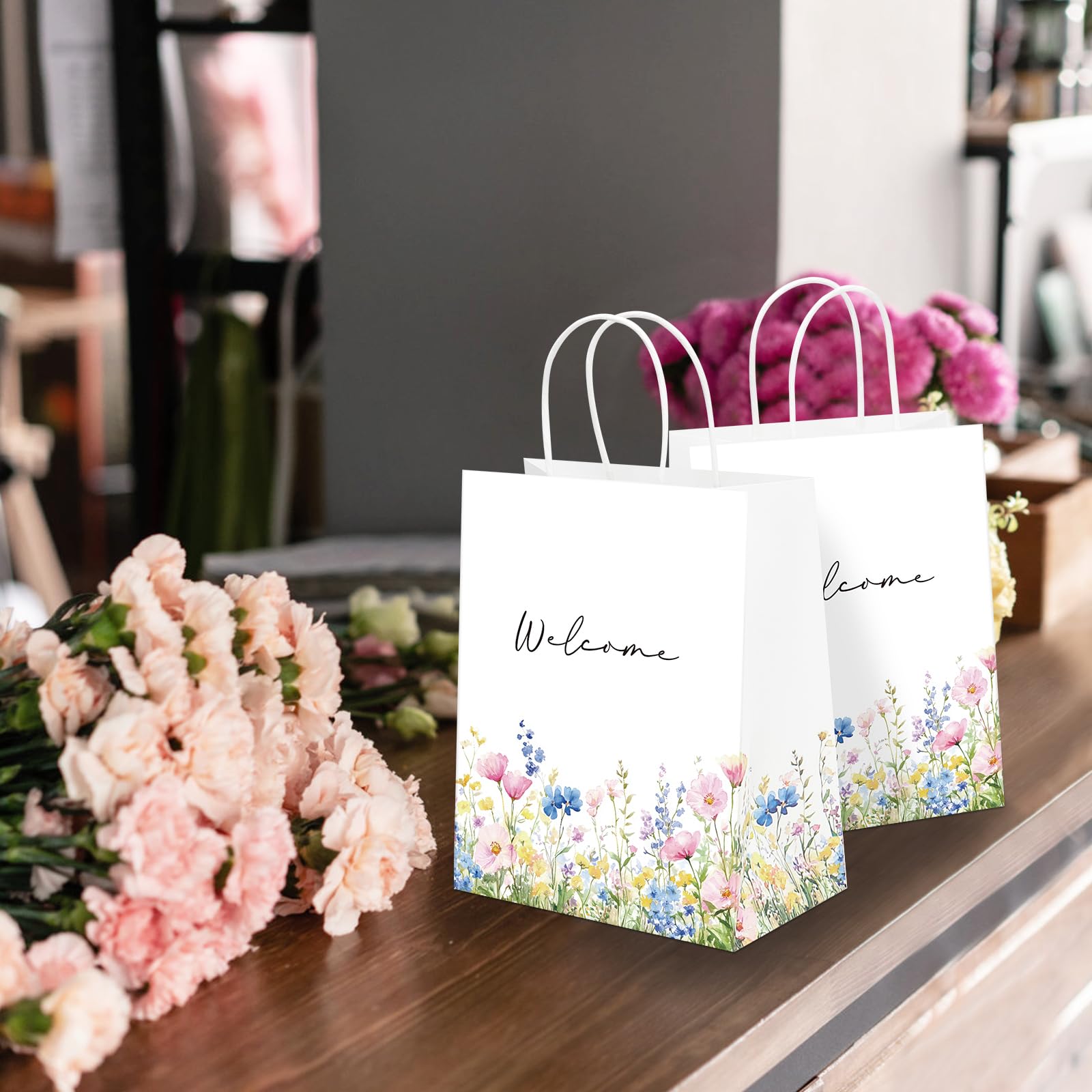 QIELSER Bolsas de bienvenida para invitados de boda a granel, flores silvestres de acuarela, bolsas de regalo de bienvenida con asas, bolsas de papel de compras, buenas para bodas, suministros de