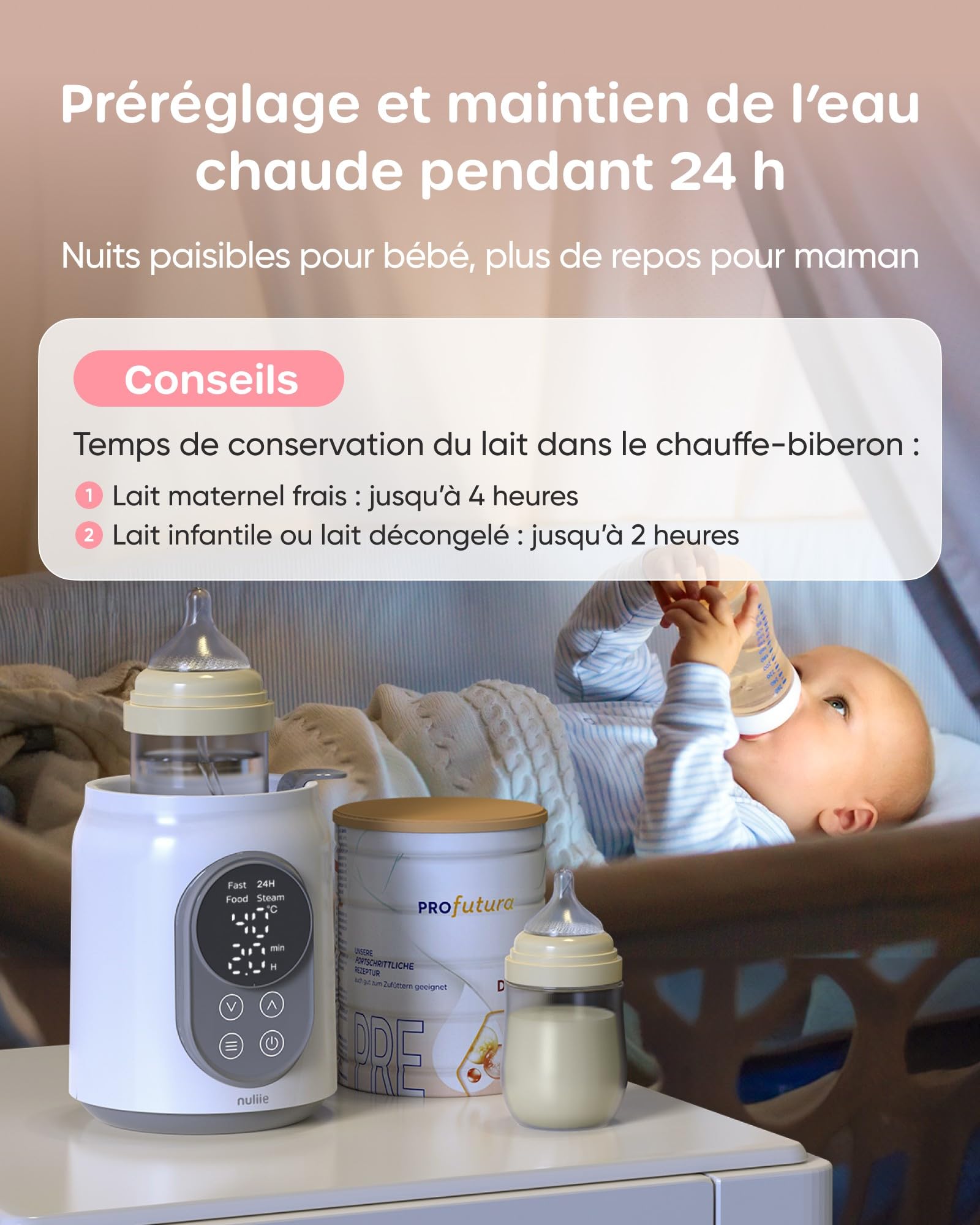 Chauffe Biberon, Nuliie Stérilisateur Électrique Rapide 10 en 1 pour Lait Maternel ou Formule avec Minuterie Numérique Contrôle intelligent de la Température et Arrêt Automatique, 220V