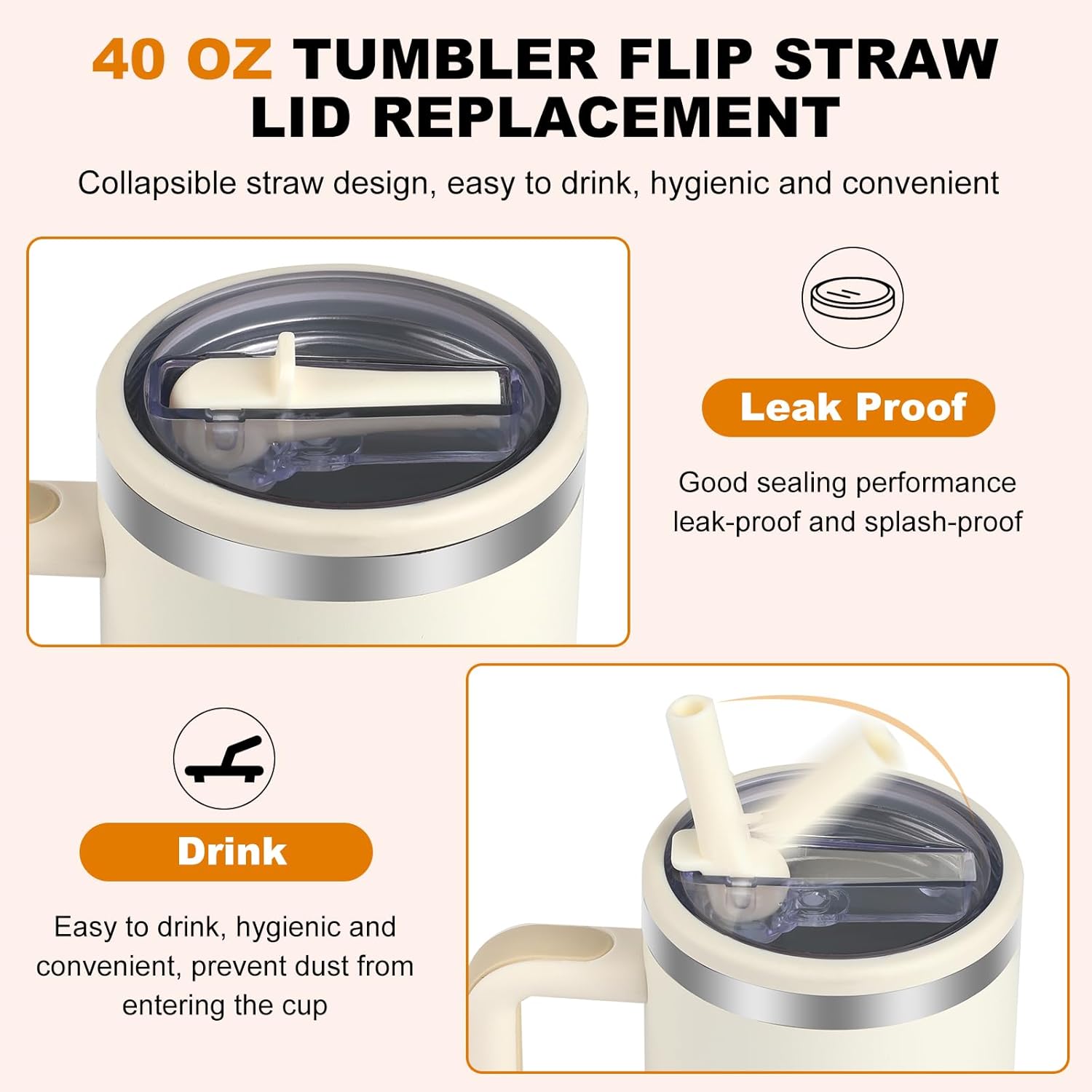 2 Pack 40 oz Tumbler Flip Straw Lid Replacement Compatible for Stanley Quencher, Leak Proof Lid Replacement for 40 oz/64 oz Stanley Quencher H2.0 and ProTour 40oz/64oz Tumbler(Beige & Rose Red) - Image 5