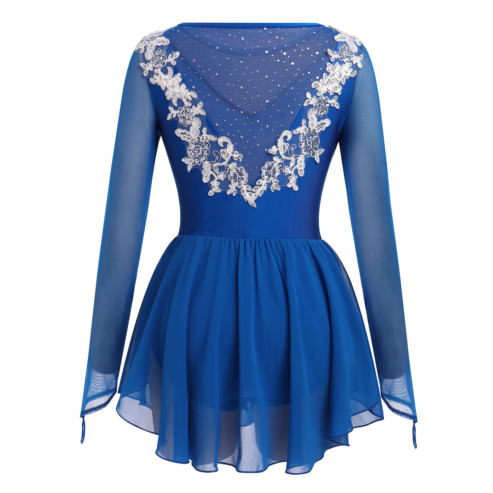 Odasod Eiskunstlaufkleid für Damen, Strass-Stickerei, Netzstoff, langärmelig, Gymnastikanzug, Wettkampf, Übung