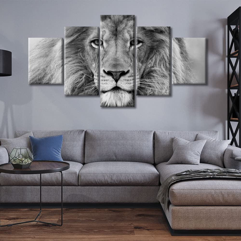 TUMOVO Toile murale à thème tête de lion noir et blanc – peintures d'animaux – images de peintures d'animaux modernes – cadre d'art contemporain prêt à être accroché – 152,4 x 81,3 cm (l x H)