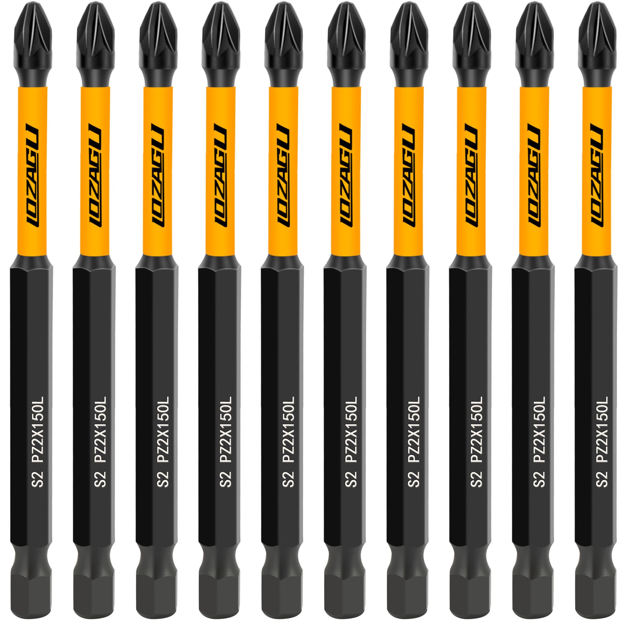 10-Piece PZ2 100mm Bits, PZ2 Magnetic Screwdriver Impact Bits Set, Pozi Pozidriv Bits with Storage Box, Yellow