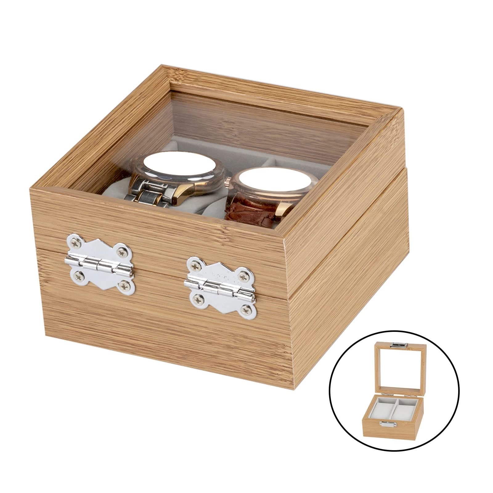 Uhrenboxen Uhrenbox aus Holz mit Glasdeckel und Fenster für 2 Uhren Detaillierte Linien Organizer für Herren und Damen Herrenuhren (Farbe: A Größe: Einheitsgröße)