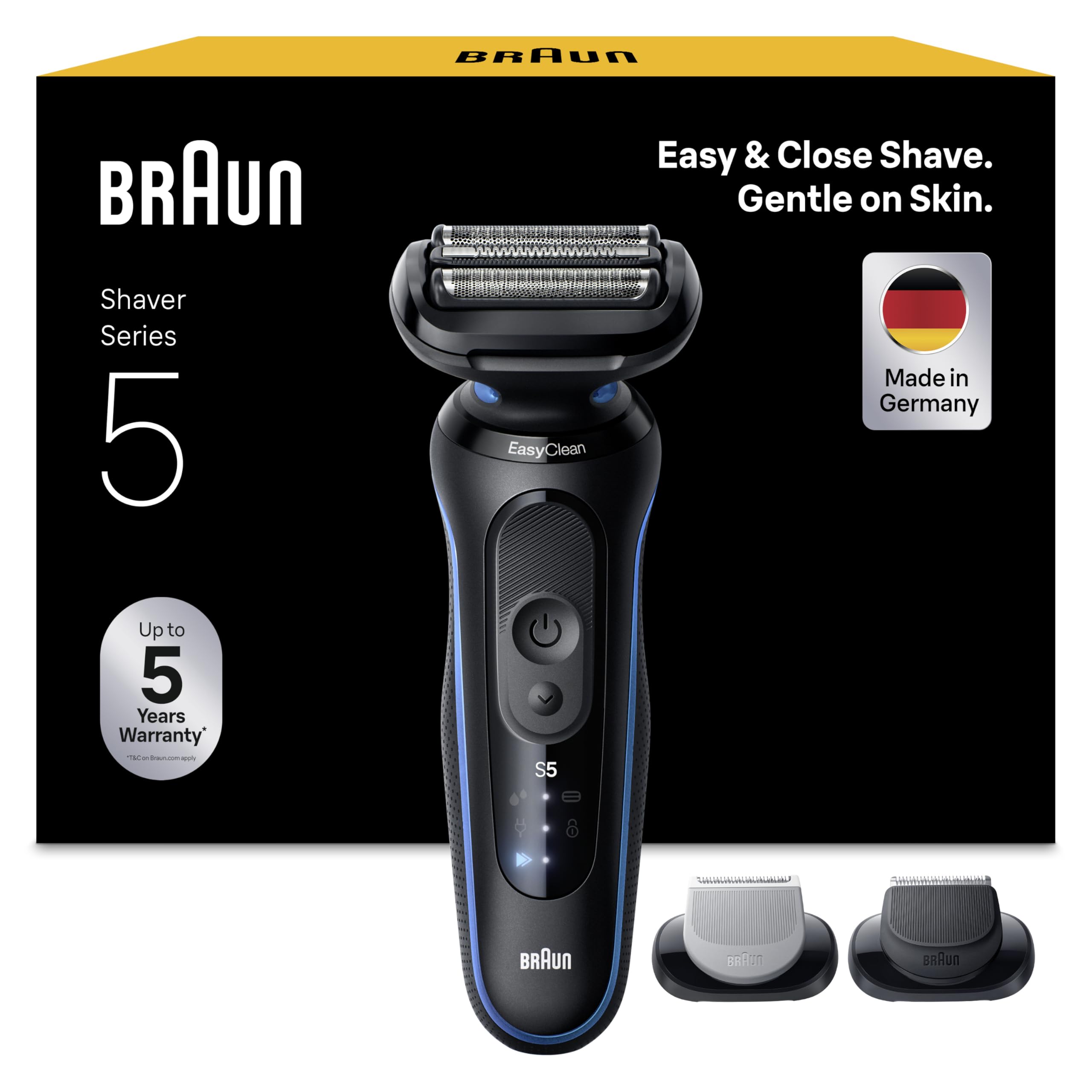 Braun Rasierer Herren Elektrisch Series 5, 52-B1650s, Blau | Rasierapparat, Kabelloser Elektrorasierer, Barttrimmer mit 50 Min. Akku, Wasserdicht, Made in Germany, Inkl. 2 Aufsätze