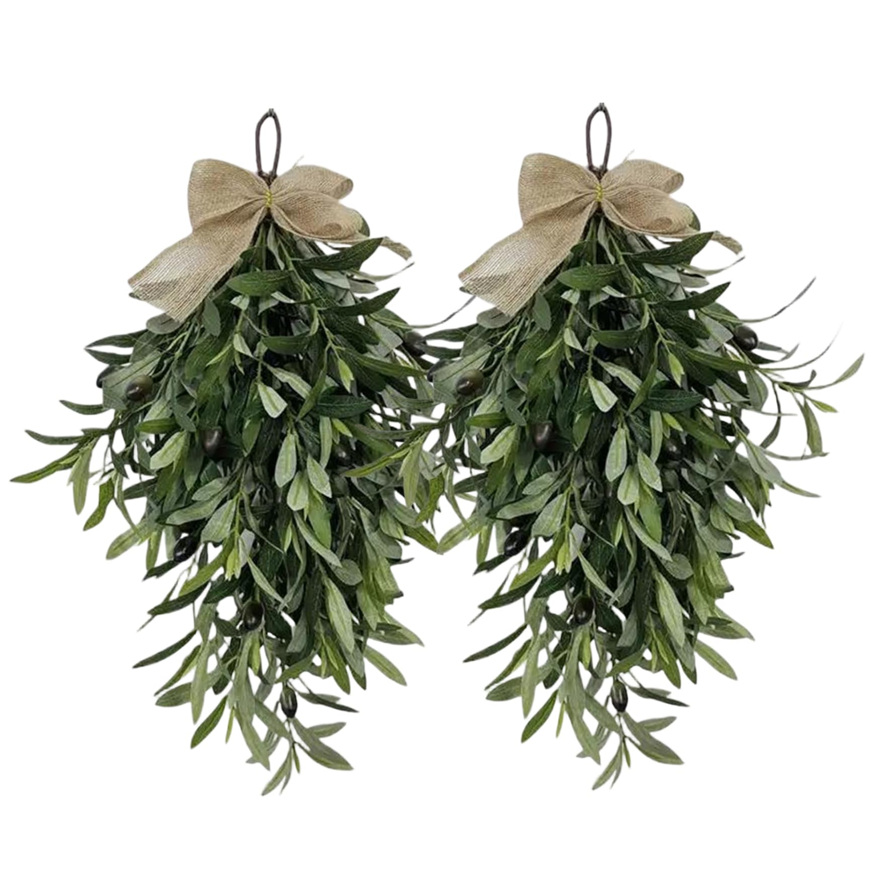 CAKEEYUM 2 Pack Teardrop Swag 12 Inch Artificial Olive Wreath with Ribbon & Loop Lifelike Rustic Leaf Greenery Swag for Door Table Mantle Fireplace Indoor Outdoor